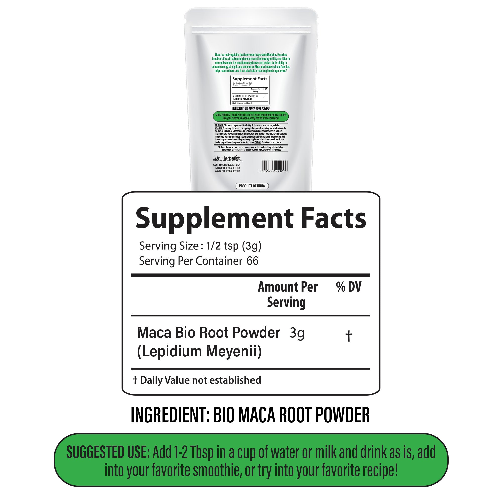 Dr. HERBALIST Maca Root Powder 200g - Pure Lepidium Meyenii from Peruvian Andes | Supports Energy Stamina & Hormonal Balance* | Malty Flavor | Trial Size | Halal, Vegan