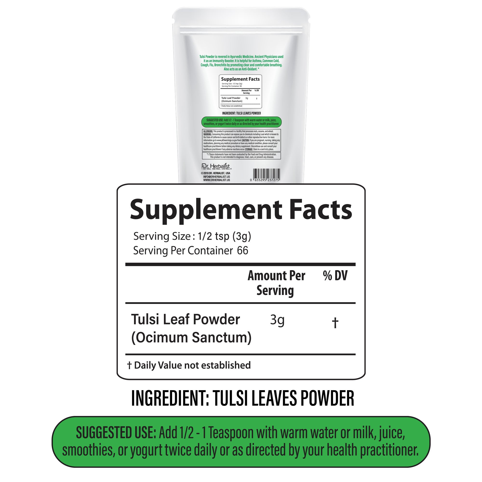 Dr. HERBALIST Tulsi Powder 200g - Pure Ocimum Tenuiflorum (Holy Basil) with Eugenol & Rosmarinic Acid | Supports Respiratory Wellness Stress Relief & Immunity* | Halal, Vegan