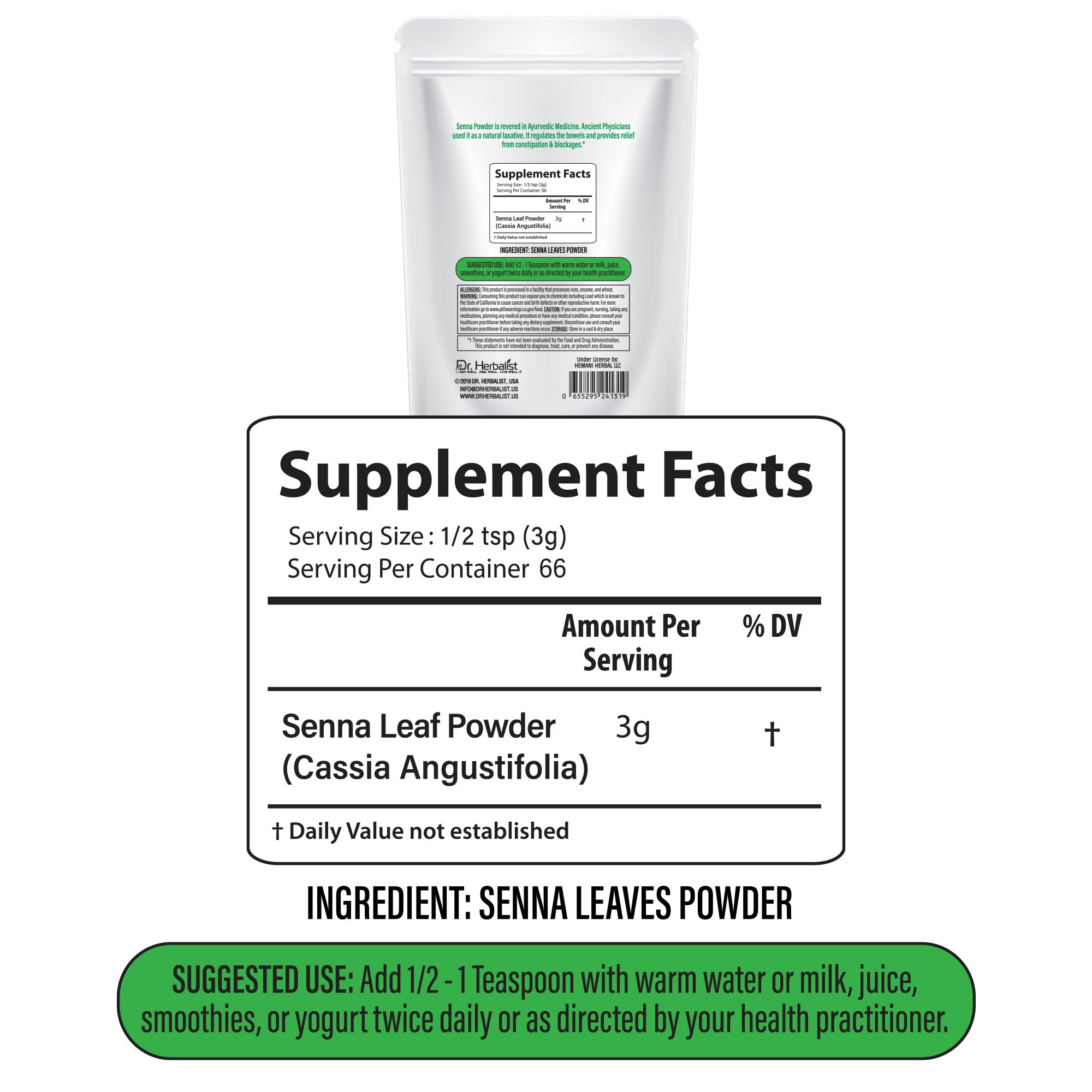 Dr. HERBALIST Senna Powder 200g - Pure Senna Alexandrina Leaf with Sennosides | Supports Occasional Digestive Regularity* | Short-Term Use Only | Halal, Vegan
