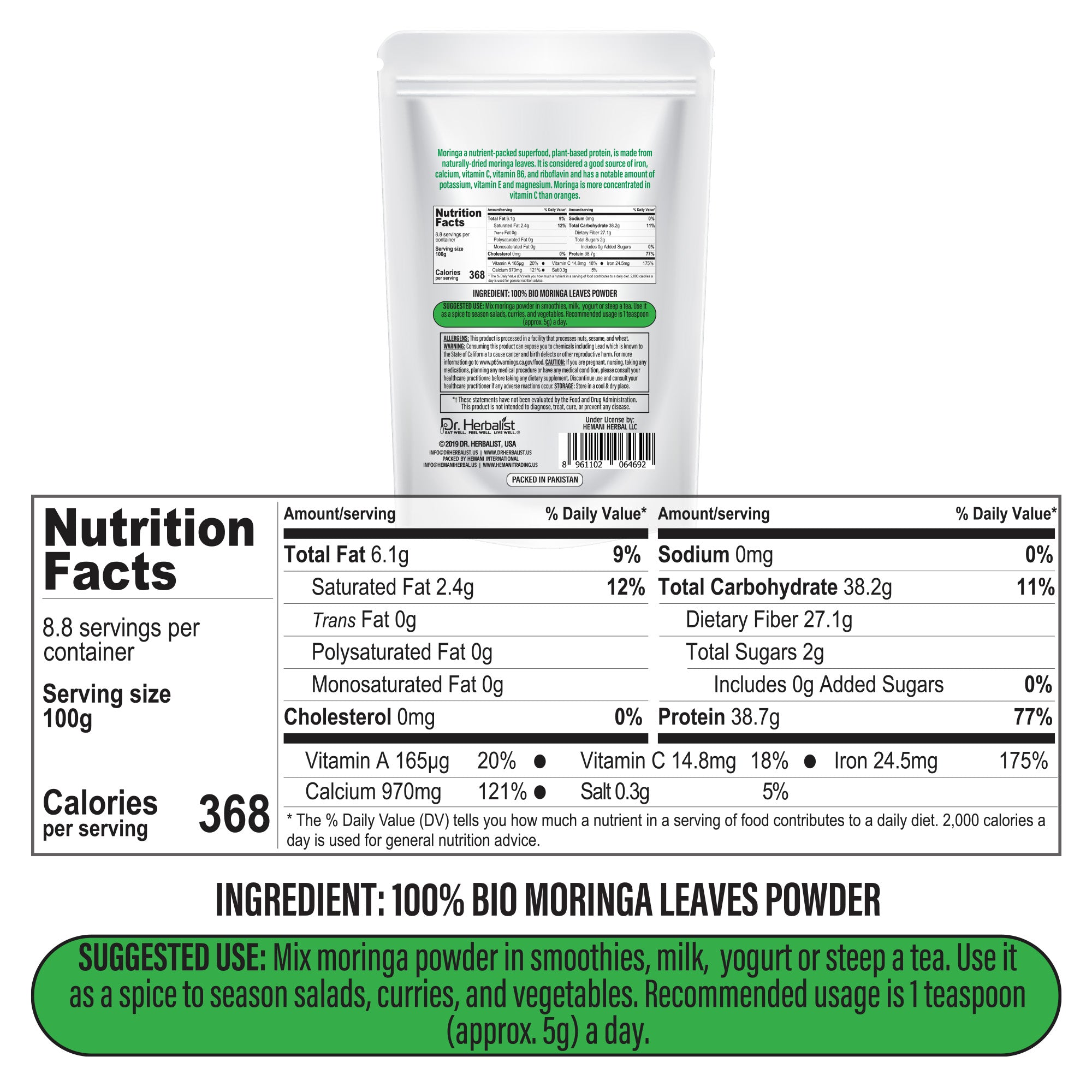 Dr. HERBALIST Moringa Leaf Powder 250g - Pure Moringa Oleifera with All 9 Essential Amino Acids | Supports Daily Nutrition & Antioxidant Wellness* | Smoothie & Food Ready | Halal, Vegan
