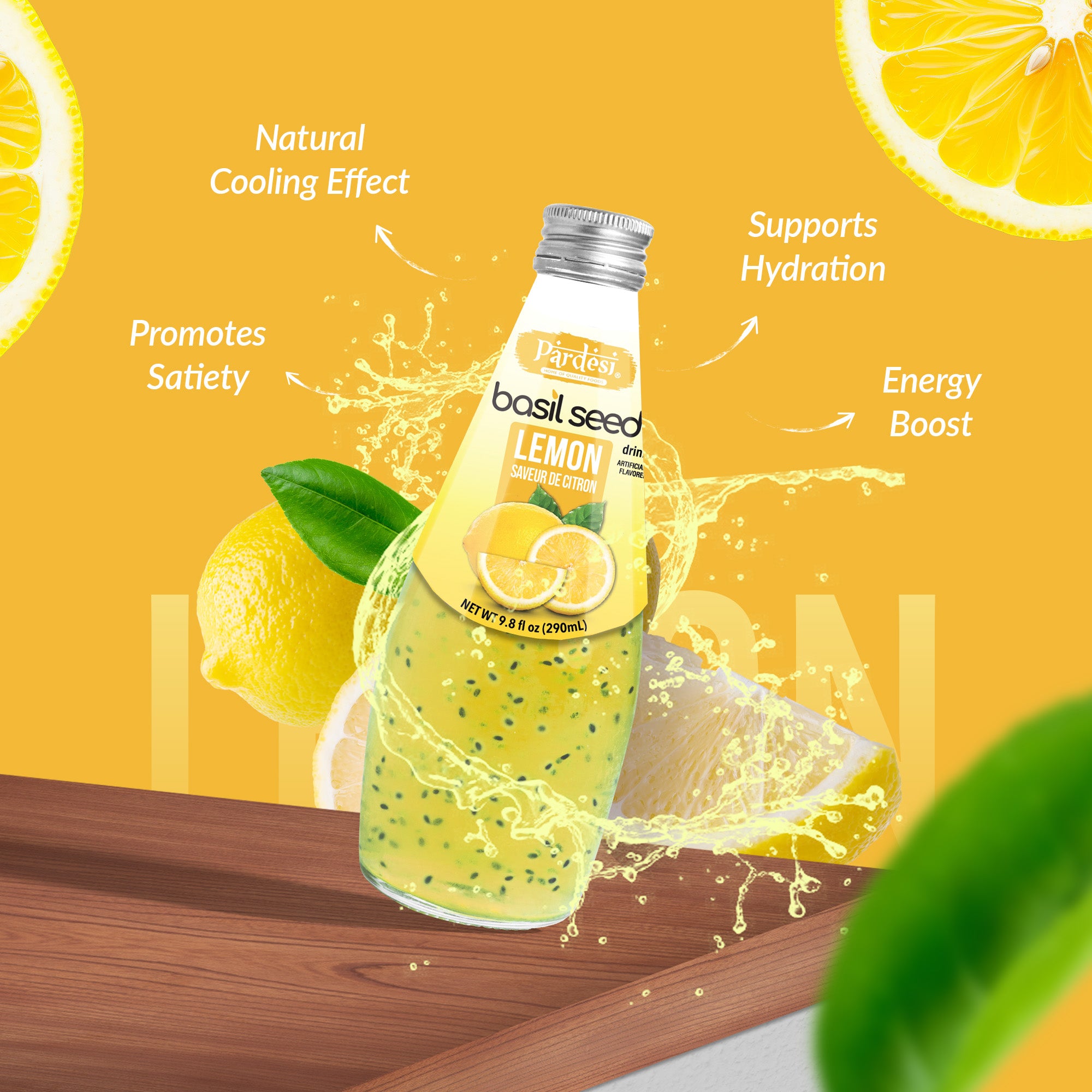 Pardesi Basil Seed Drink Lemon Flavor  290ml 9.8 Fl Oz | Pack of 12 (117.6 FL Oz ) | Naturally Refreshing & Cooling | Rich in Antioxidants, Fiber & Omega-3 | Real Basil Seeds for Digestive Health & Hydration.