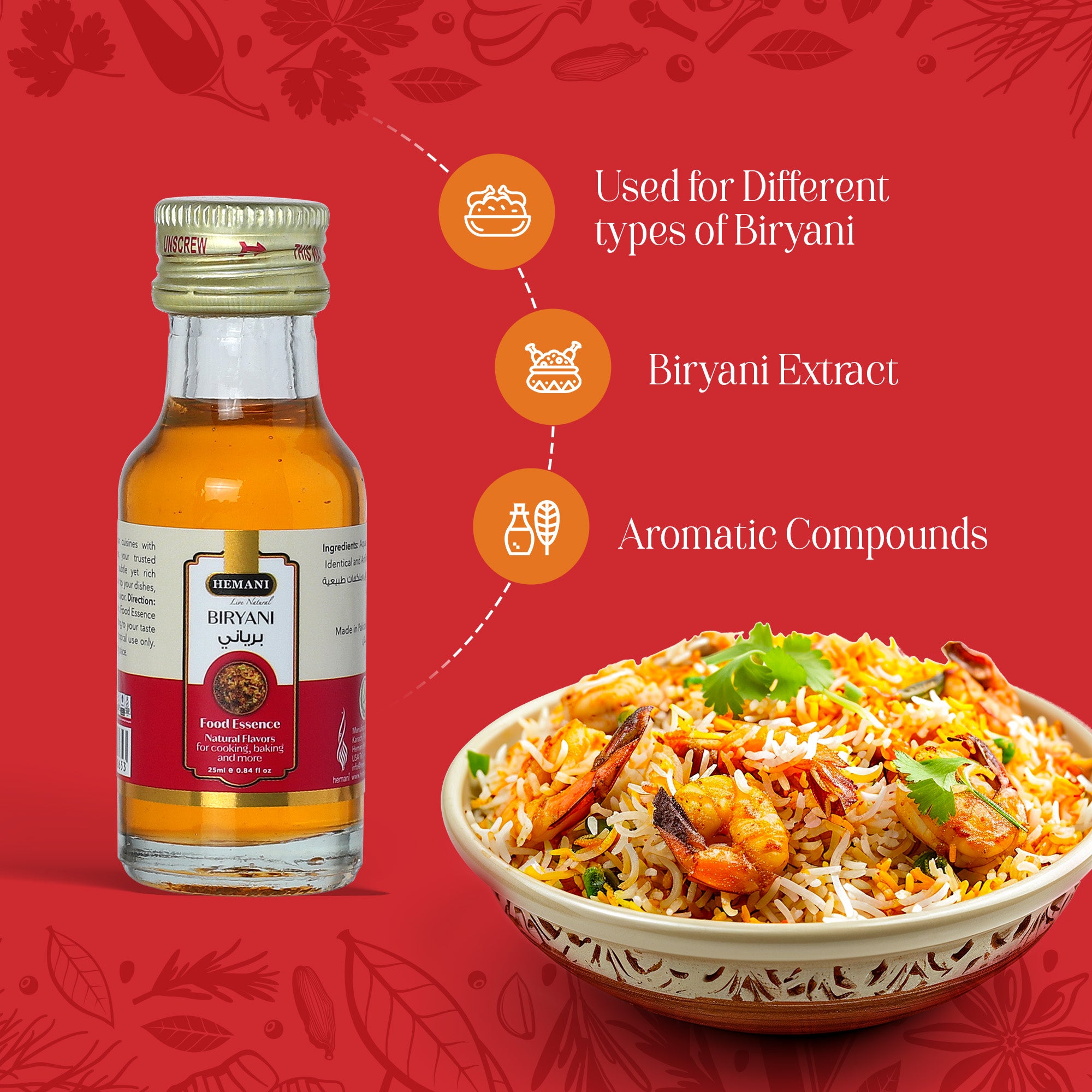 Hemani Biryani Food Essence 25 ml - Halal, Natural, and Concentrated Biryani Flavor for Indian Recipes, Cooking, and Baking - Perfect for Hyderabadi, Lucknowi, and Sindhi-Style Biryani