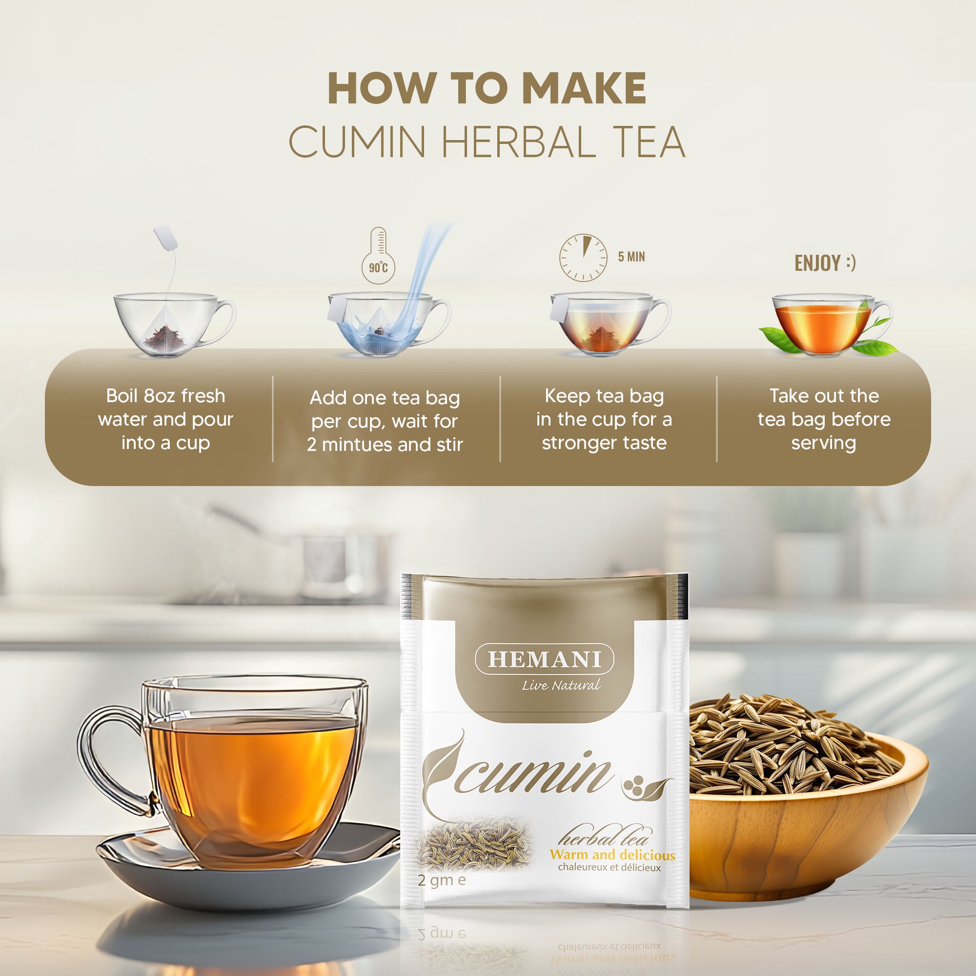 Hemani Cumin Herbal Tea, Cuminum Cyminum - 45g, 20 Tea Bags | 100% Natural, Aromatic & Soothing | Warm, Digestive-Friendly Beverage | Caffeine-Free | Perfect for After-Meal Relaxation & Calm.