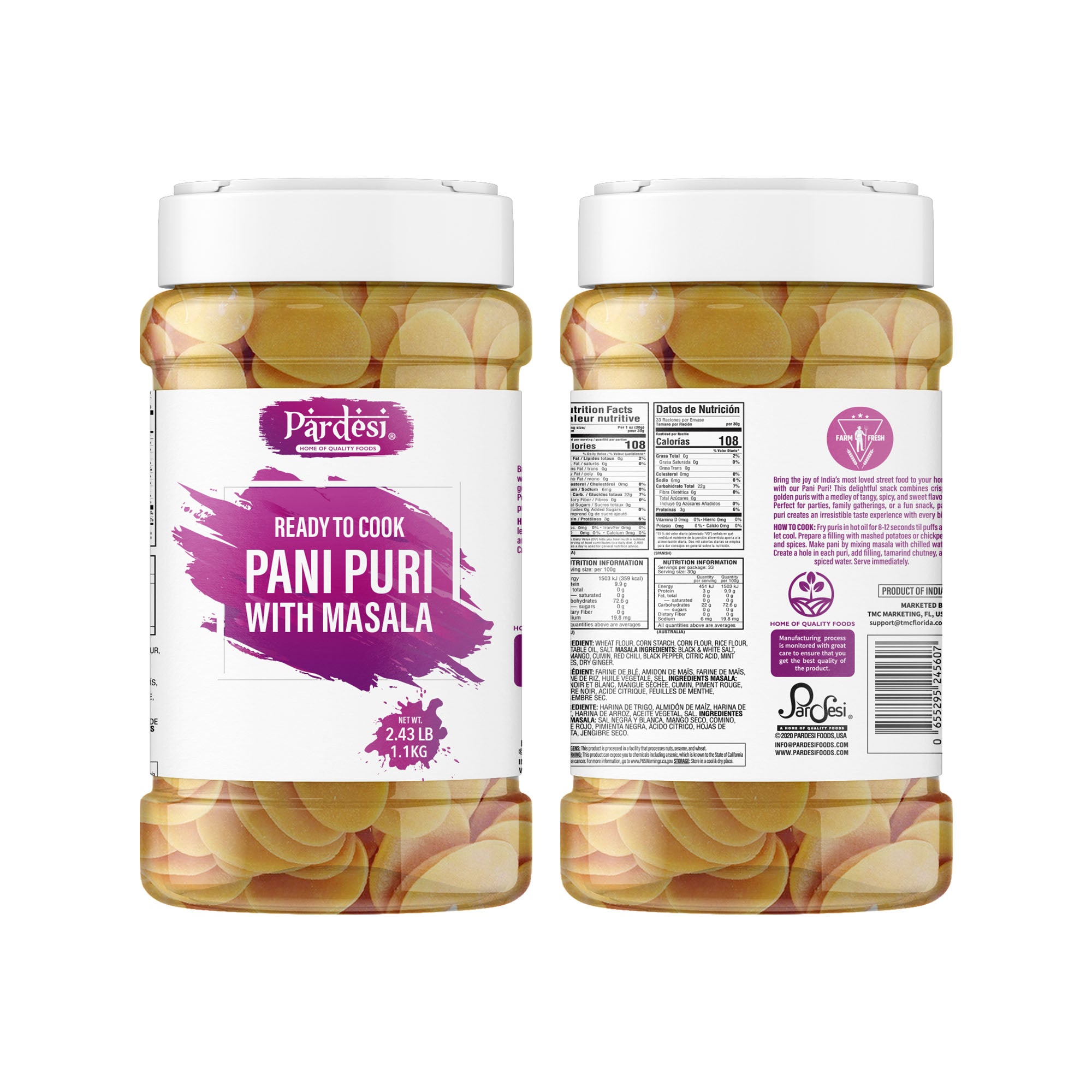 Pardesi Pani Puri with Masala 2.43LB Jar - Premium Quality for Cooking & Spice Blends | Halal, Non-GMO, Vegan | Dual-Cap Jar