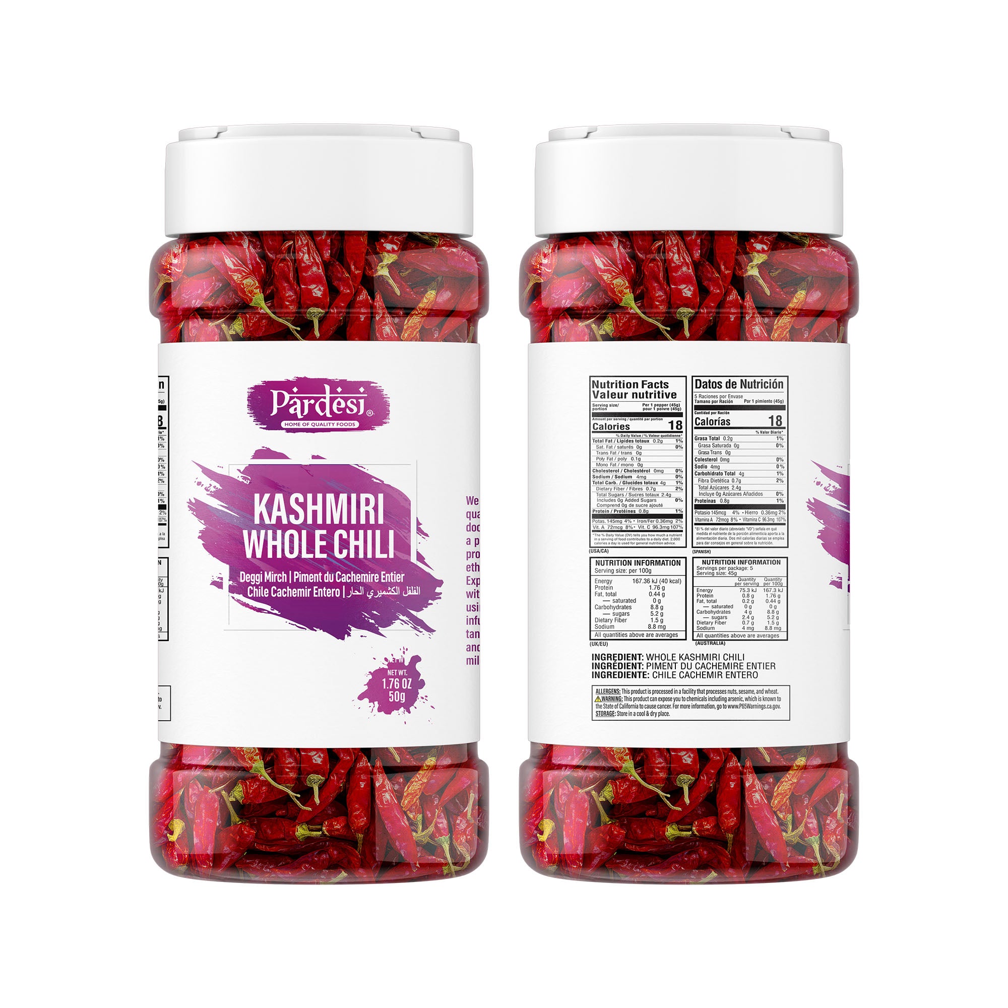 Pardesi Kashmiri Whole Chili (Kashmiri Mirch) 50g — Mild Heat, Deep Red Color for Tandoori, Curry & Rogan Josh | Halal, Non-GMO | Dual-Cap Jar