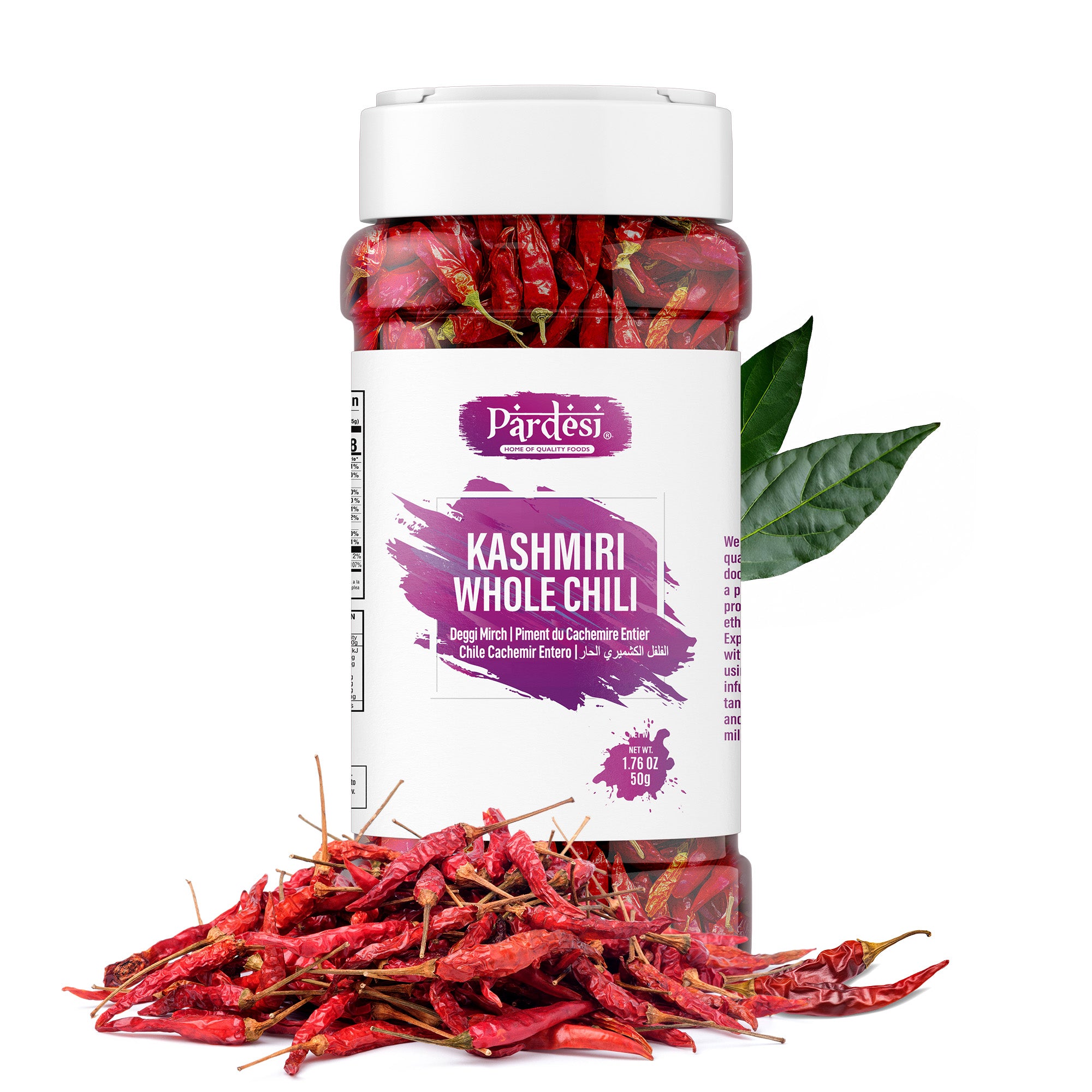 Pardesi Kashmiri Whole Chili (Kashmiri Mirch) 50g — Mild Heat, Deep Red Color for Tandoori, Curry & Rogan Josh | Halal, Non-GMO | Dual-Cap Jar