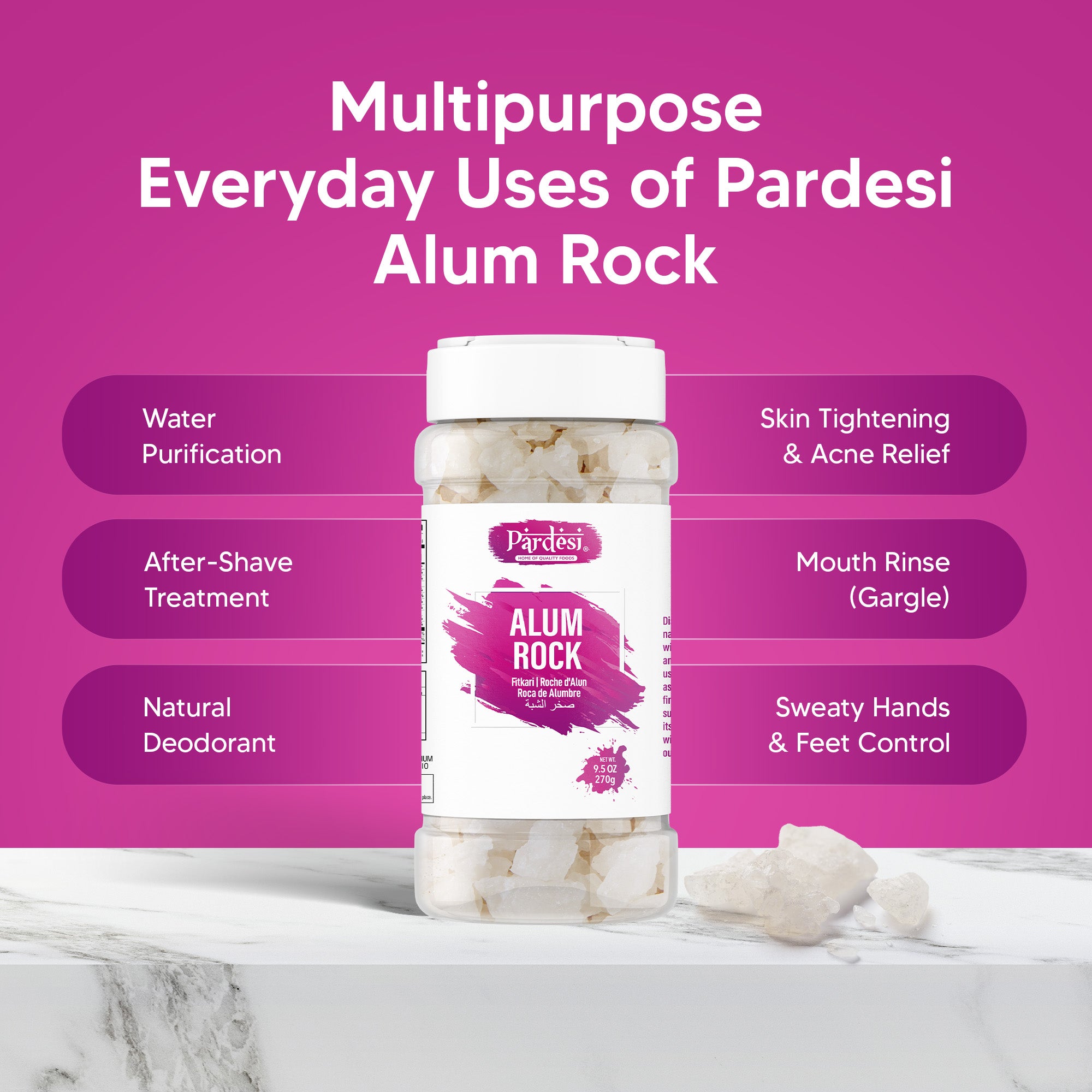 Pardesi Fitkari Whole (Alum Crystal) 270gm | Natural Potash Alum Rock | Multi-Purpose for Water - Image 3
