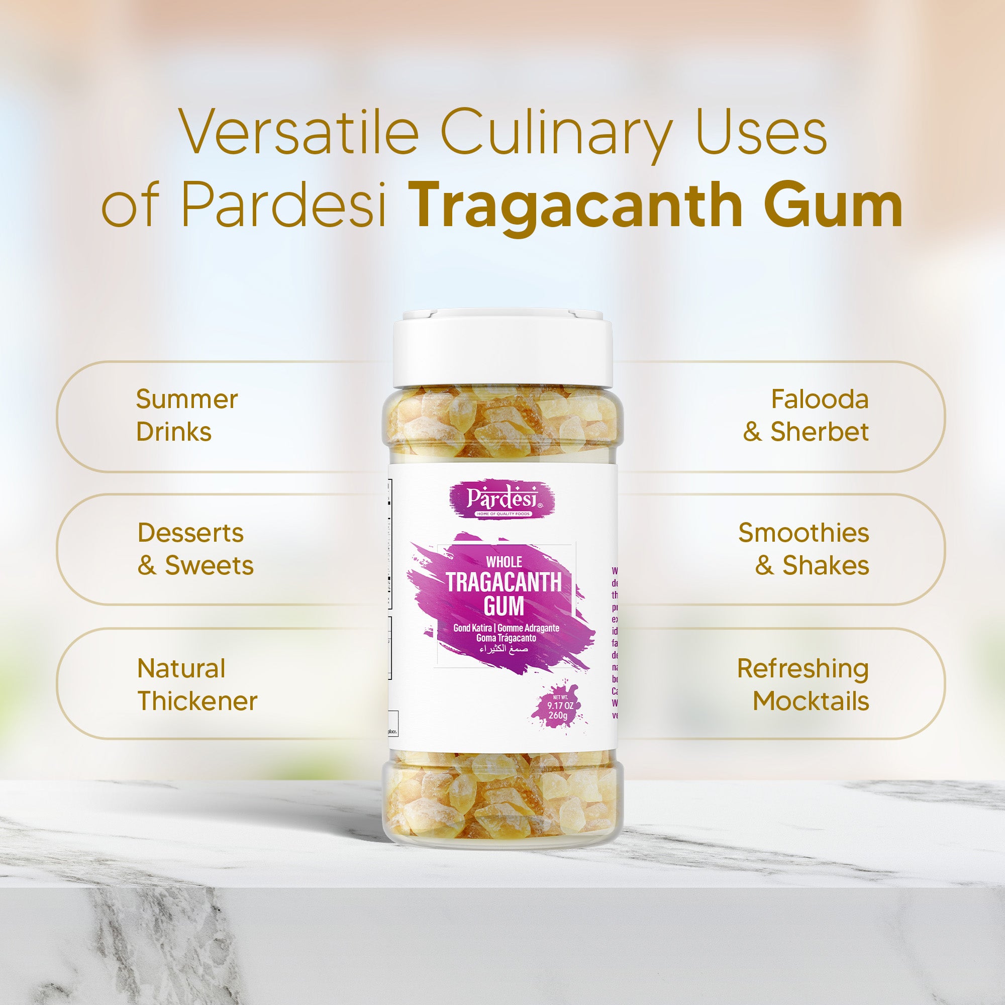 Pardesi Gond Katira (Tragacanth Gum) 260g Jar - Traditional Cooling Summer Ingredient | Halal, Non-GMO, Vegan | Dual-Cap Jar
