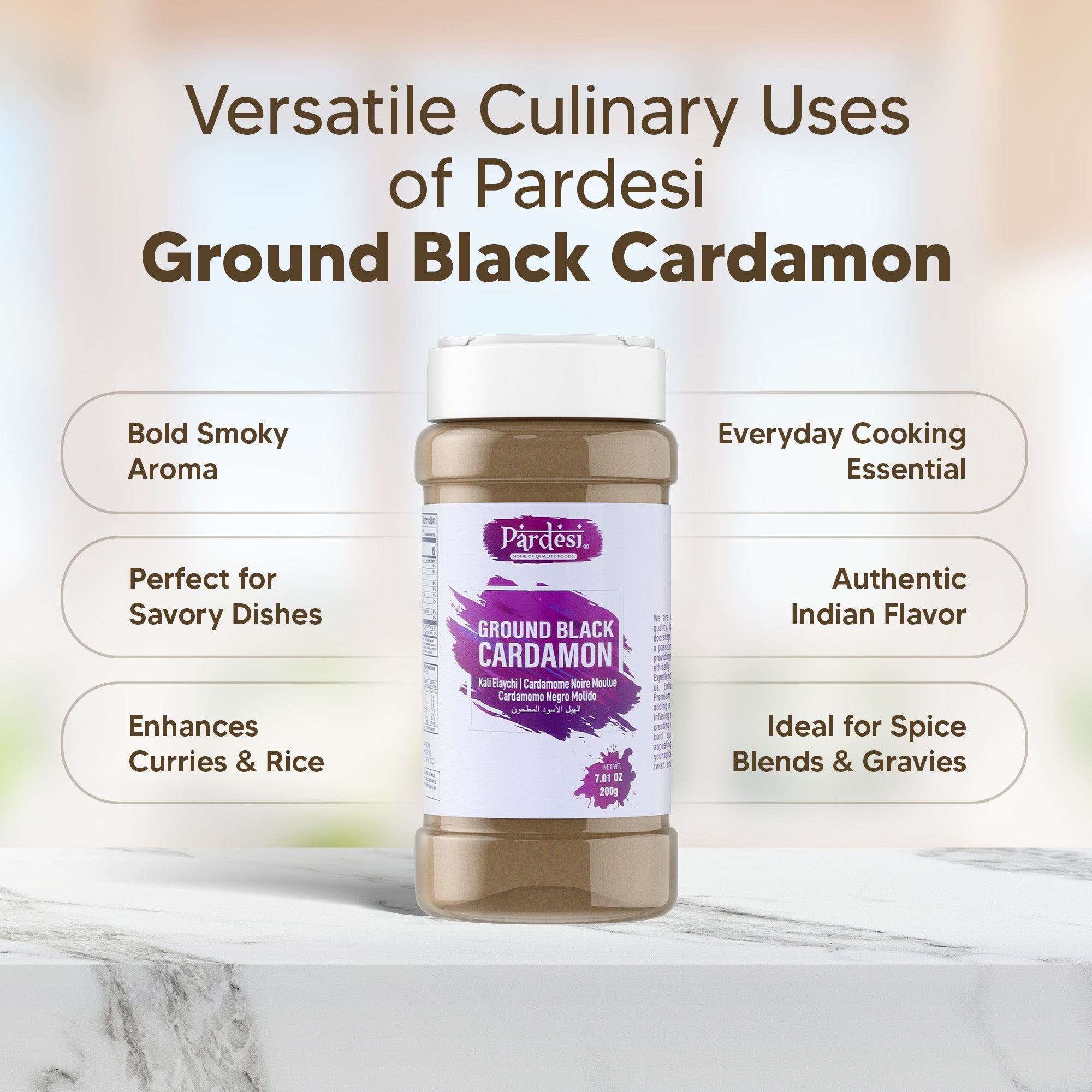 Pardesi Black Cardamom Powder (Badi Elaichi) 200g — Smoky Ground Black Cardamom for Biryani, Garam Masala & Curry | Halal, Non-GMO | Dual-Cap Jar
