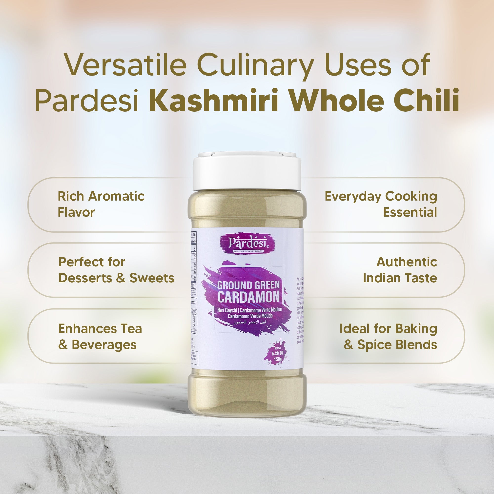 Pardesi Cardamom Powder 150g Jar – Premium Ground Elaichi Spice for Tea, Desserts & Cooking | Aromatic & Fresh | Halal | Dual-Cap Jar