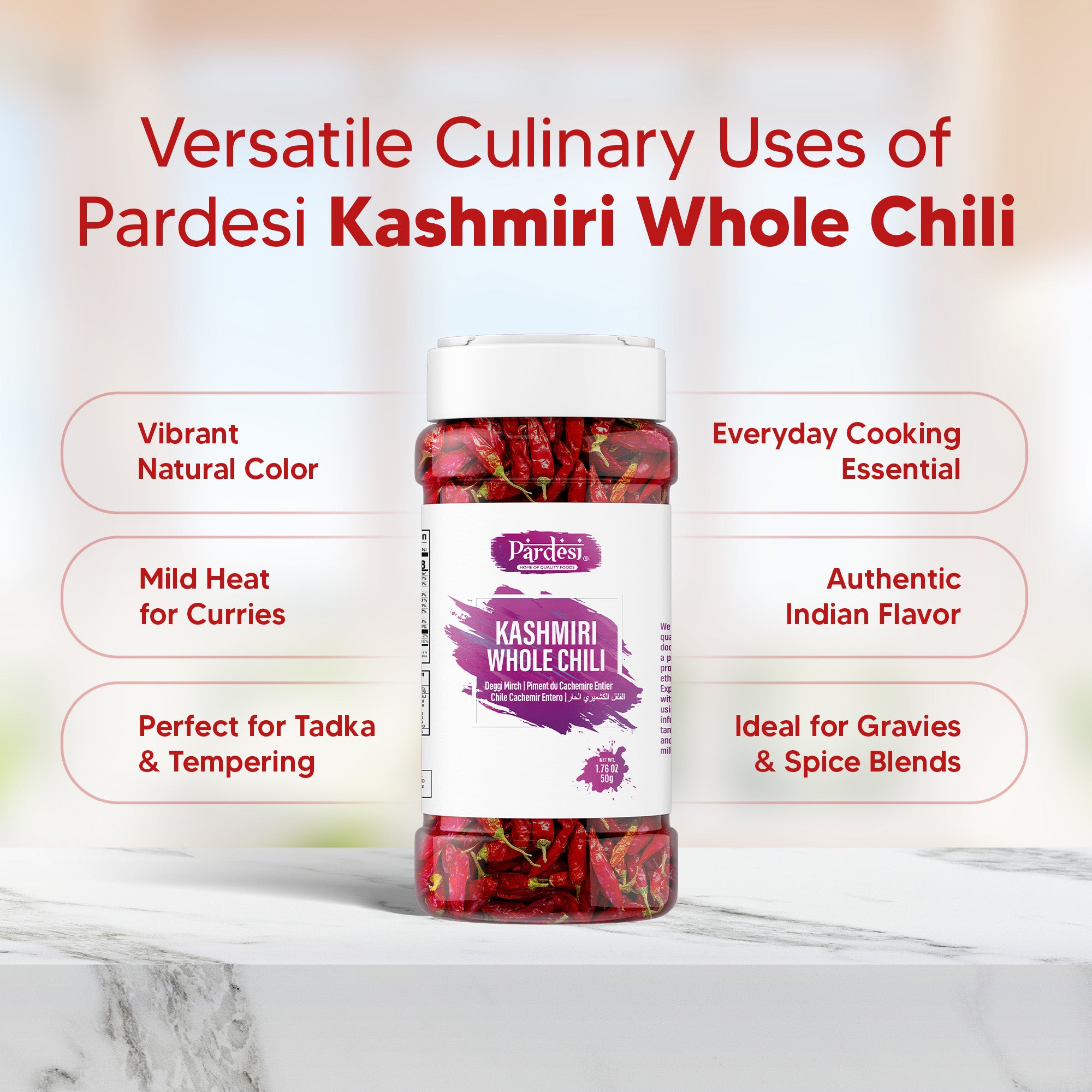 Pardesi Kashmiri Whole Chili (Kashmiri Mirch) 50g — Mild Heat, Deep Red Color for Tandoori, Curry & Rogan Josh | Halal, Non-GMO | Dual-Cap Jar
