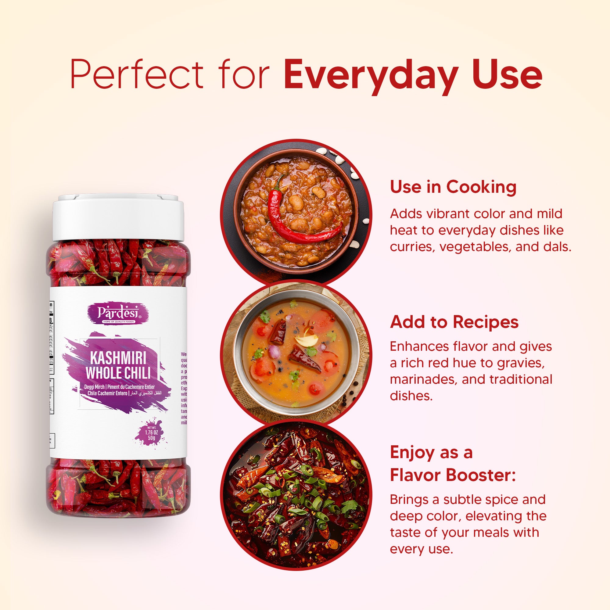 Pardesi Kashmiri Whole Chili (Kashmiri Mirch) 50g — Mild Heat, Deep Red Color for Tandoori, Curry & Rogan Josh | Halal, Non-GMO | Dual-Cap Jar