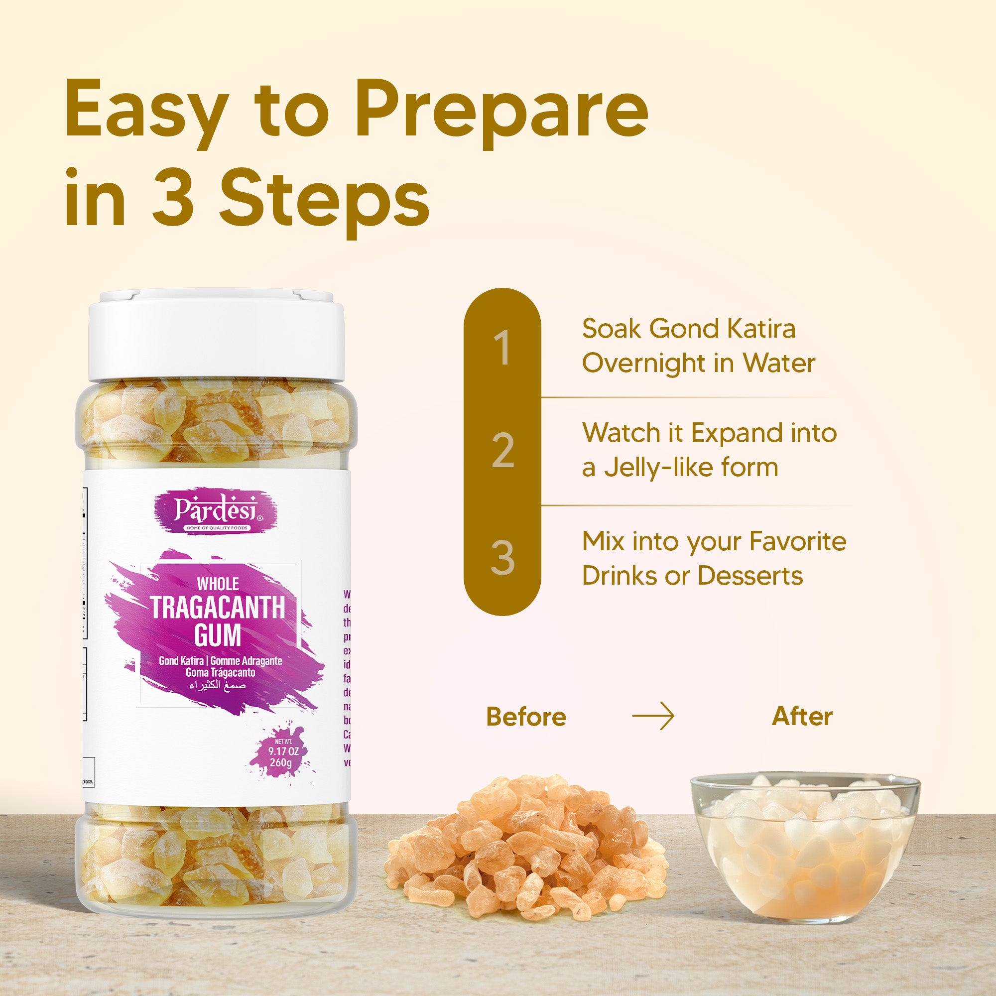 Pardesi Gond Katira (Tragacanth Gum) 260g Jar - Traditional Cooling Summer Ingredient | Halal, Non-GMO, Vegan | Dual-Cap Jar