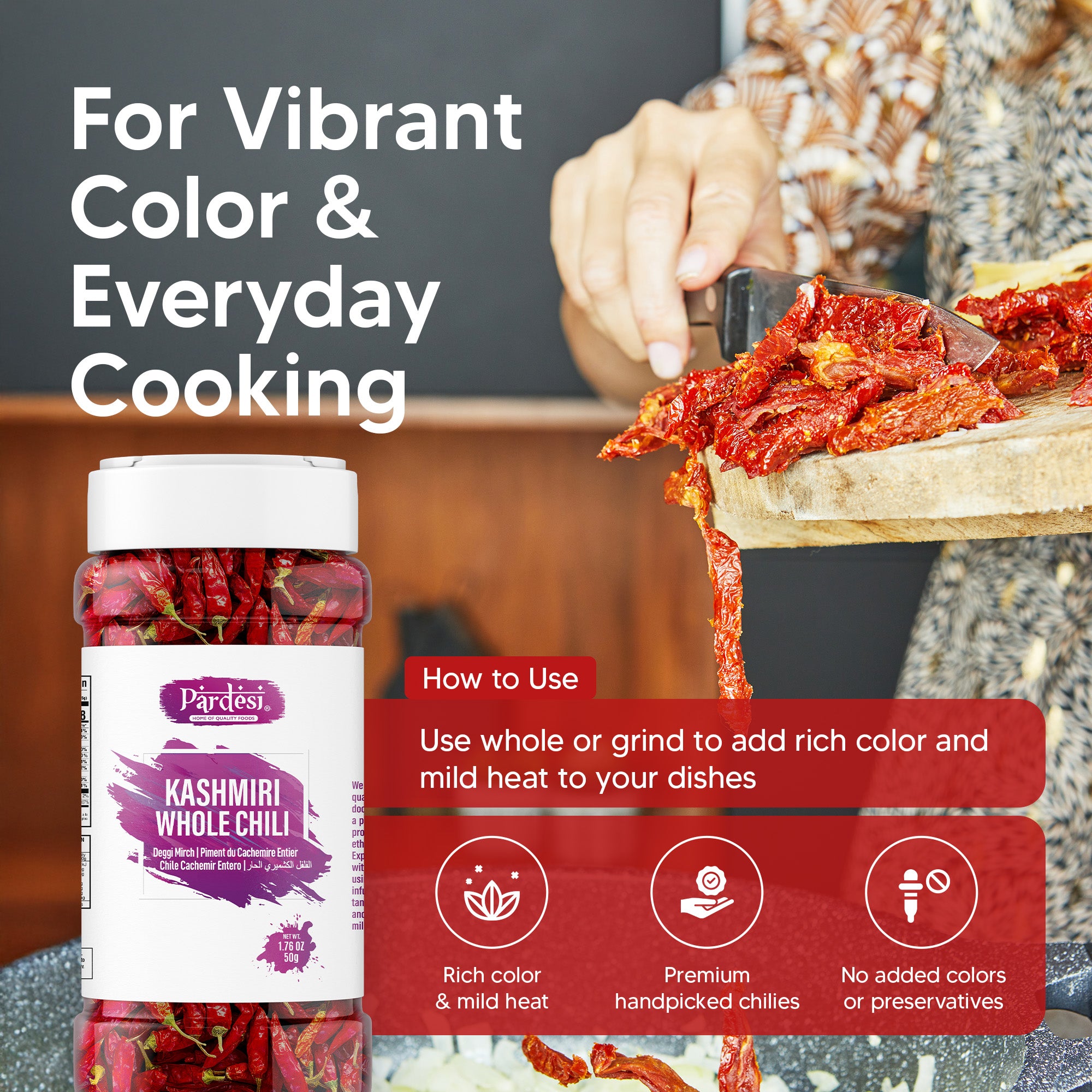 Pardesi Kashmiri Whole Chili (Kashmiri Mirch) 50g — Mild Heat, Deep Red Color for Tandoori, Curry & Rogan Josh | Halal, Non-GMO | Dual-Cap Jar