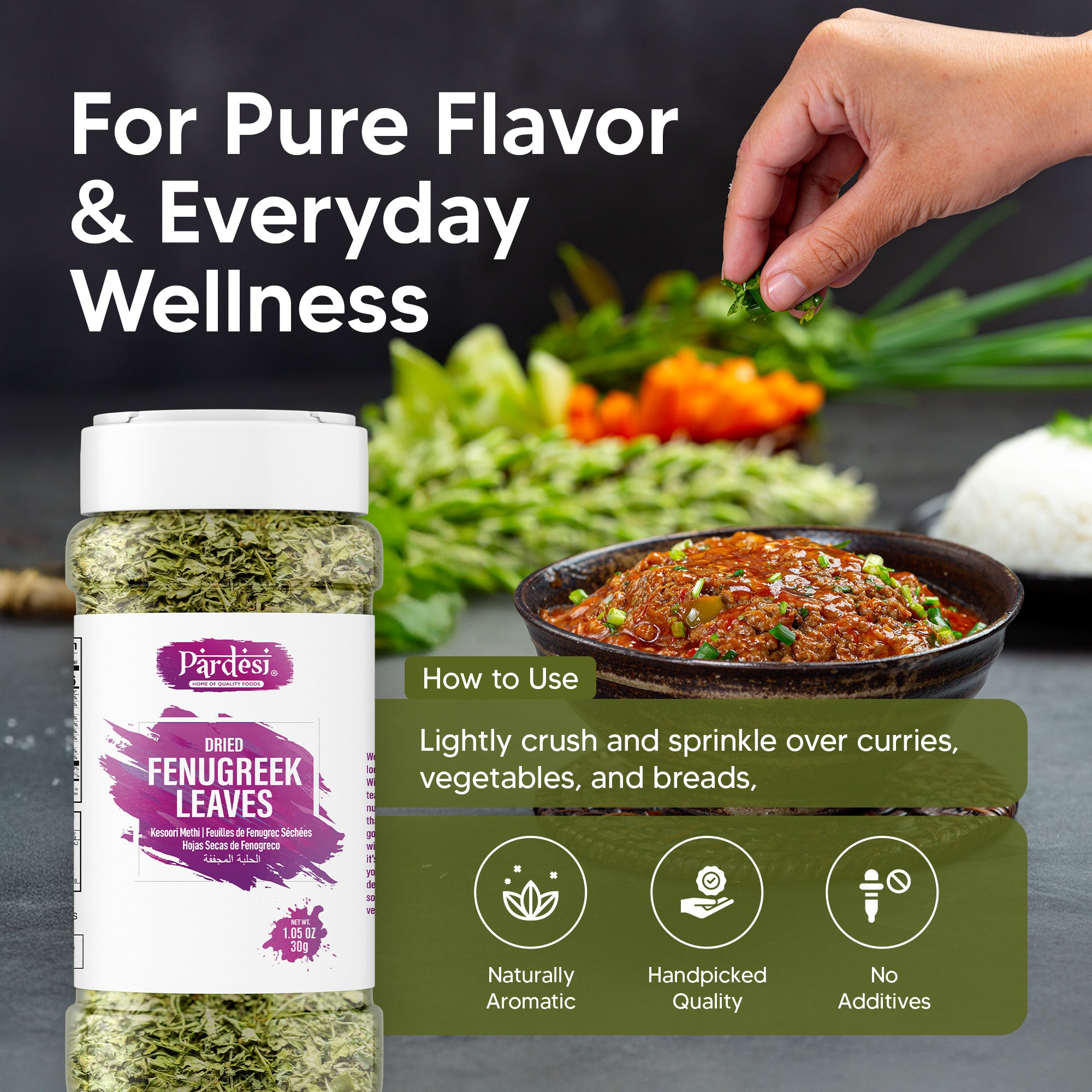 Pardesi Dried Fenugreek Leaves (Kasoori Methi) 30g — Premium Crushed Methi for Butter Chicken, Naan & Curry Finishing | Halal, Non-GMO | Dual-Cap Jar
