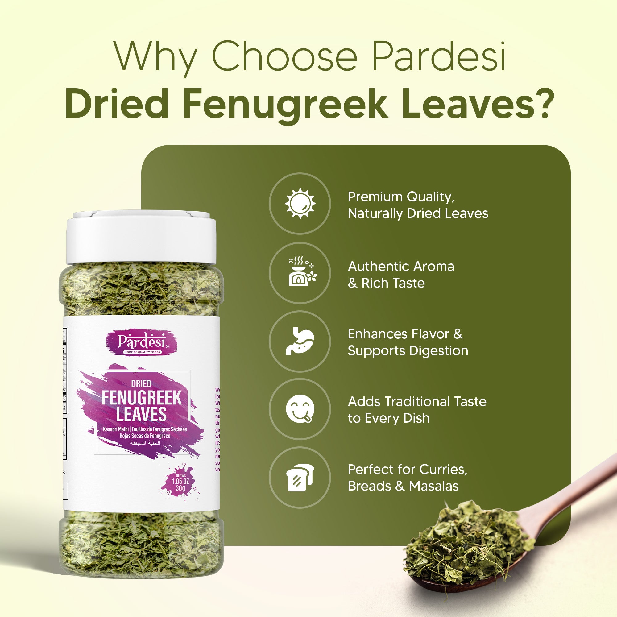 Pardesi Dried Fenugreek Leaves (Kasoori Methi) 30g — Premium Crushed Methi for Butter Chicken, Naan & Curry Finishing | Halal, Non-GMO | Dual-Cap Jar