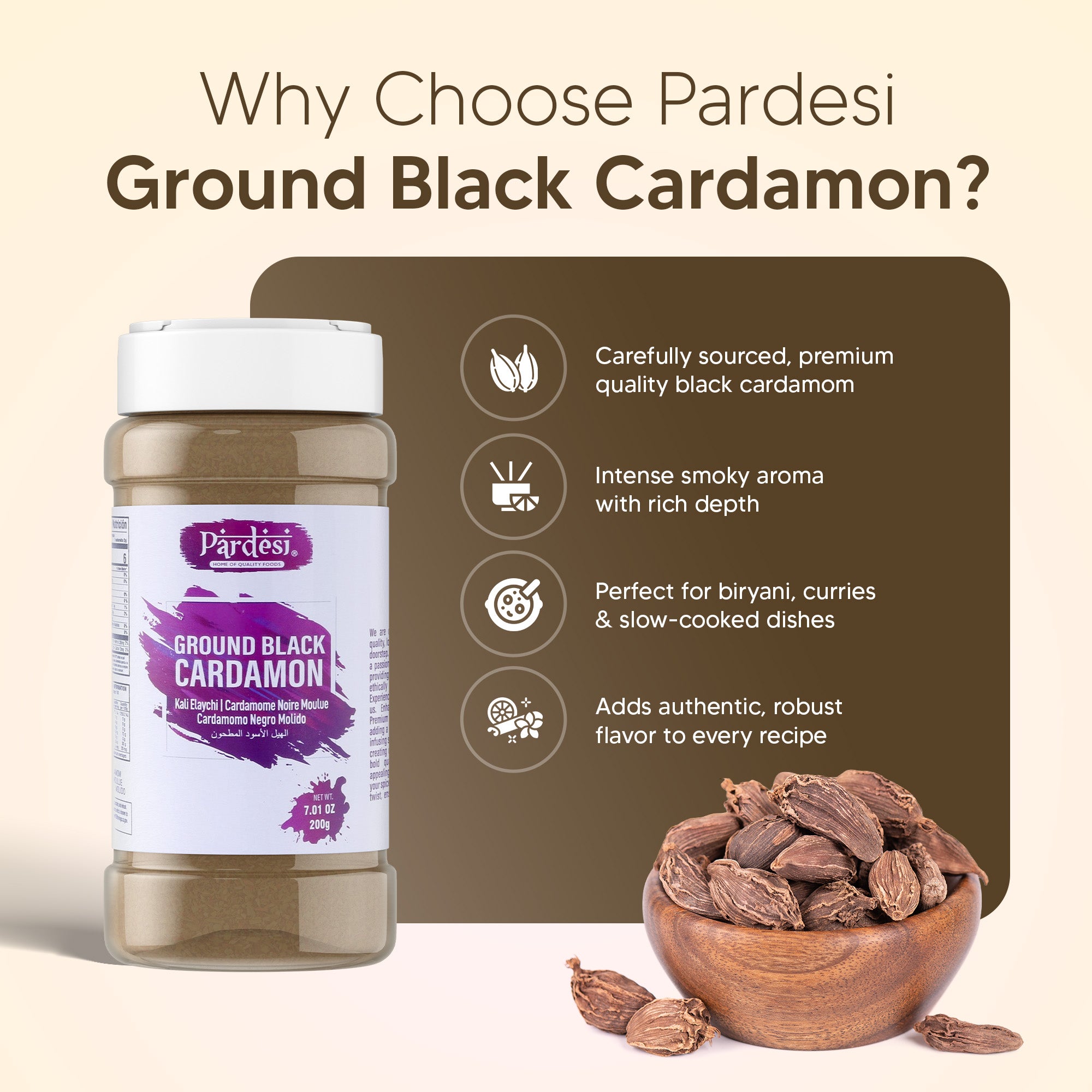 Pardesi Black Cardamom Powder (Badi Elaichi) 200g — Smoky Ground Black Cardamom for Biryani, Garam Masala & Curry | Halal, Non-GMO | Dual-Cap Jar