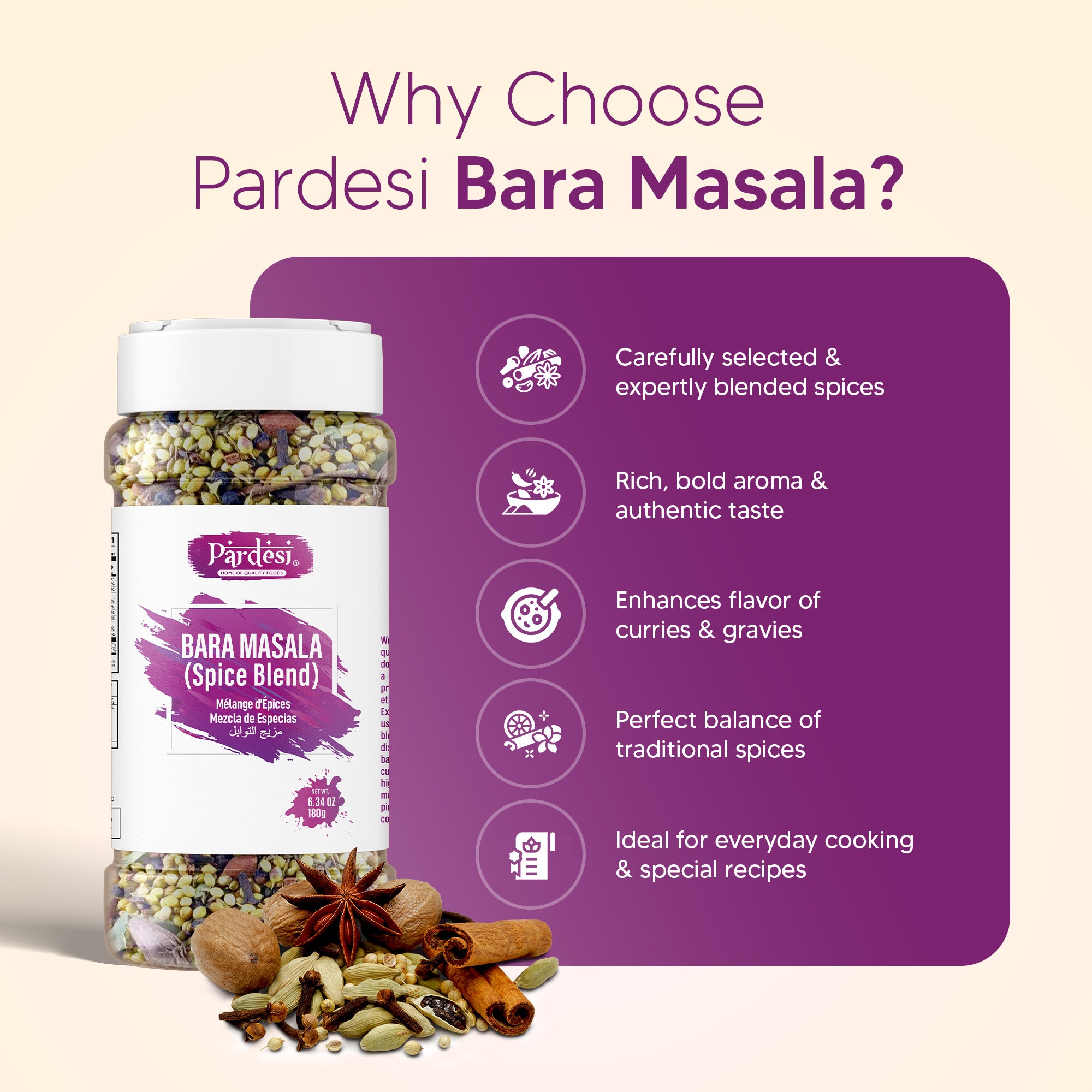 Pardesi Bara Masala (Whole Garam Masala) 180g — Premium 12-Spice Whole Masala Blend for Biryani, Curry & Pulao | Halal, Non-GMO | Dual-Cap Jar