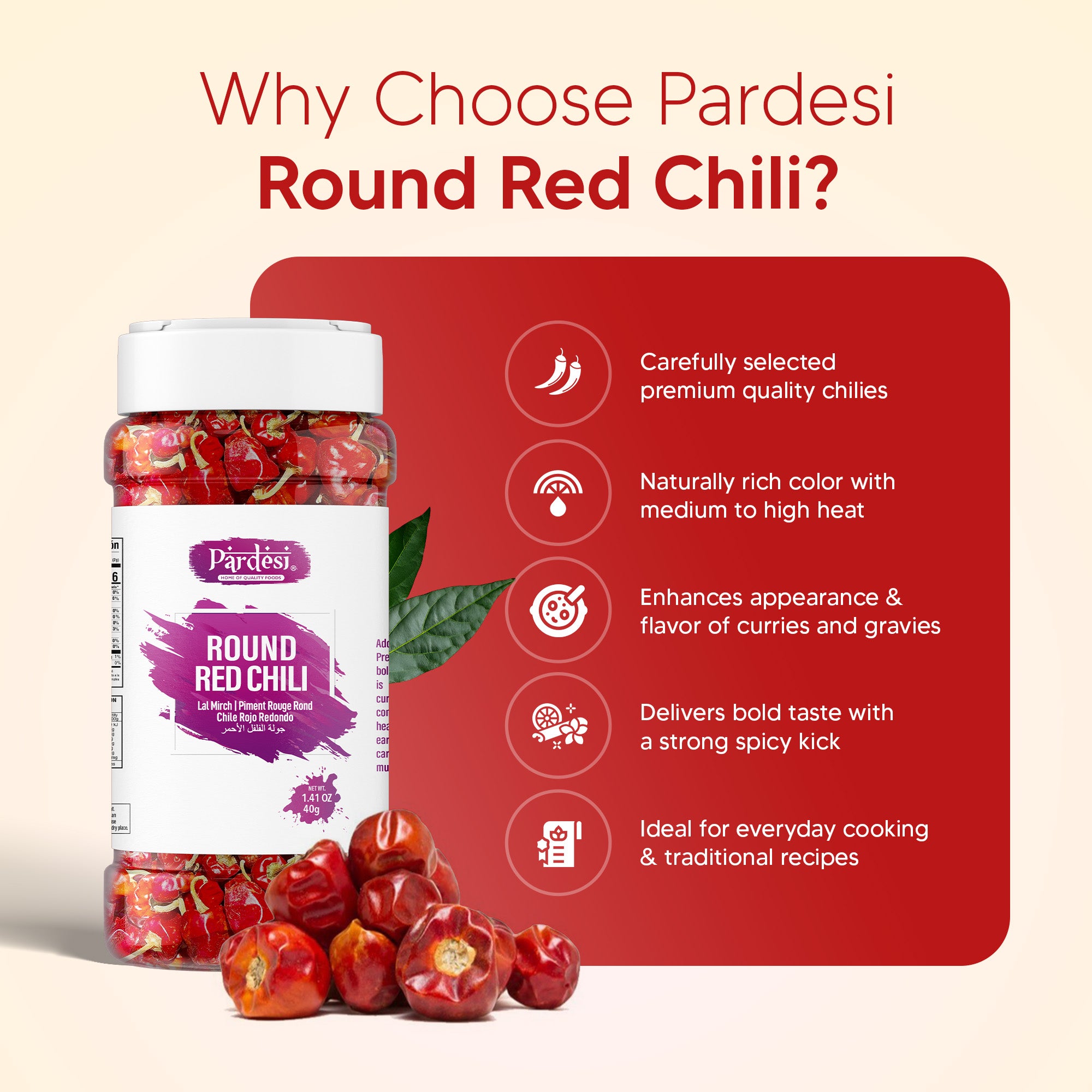 Pardesi Whole Round Chili 40g Jar – Dried Red Round Chilies for Cooking & Spice Blends