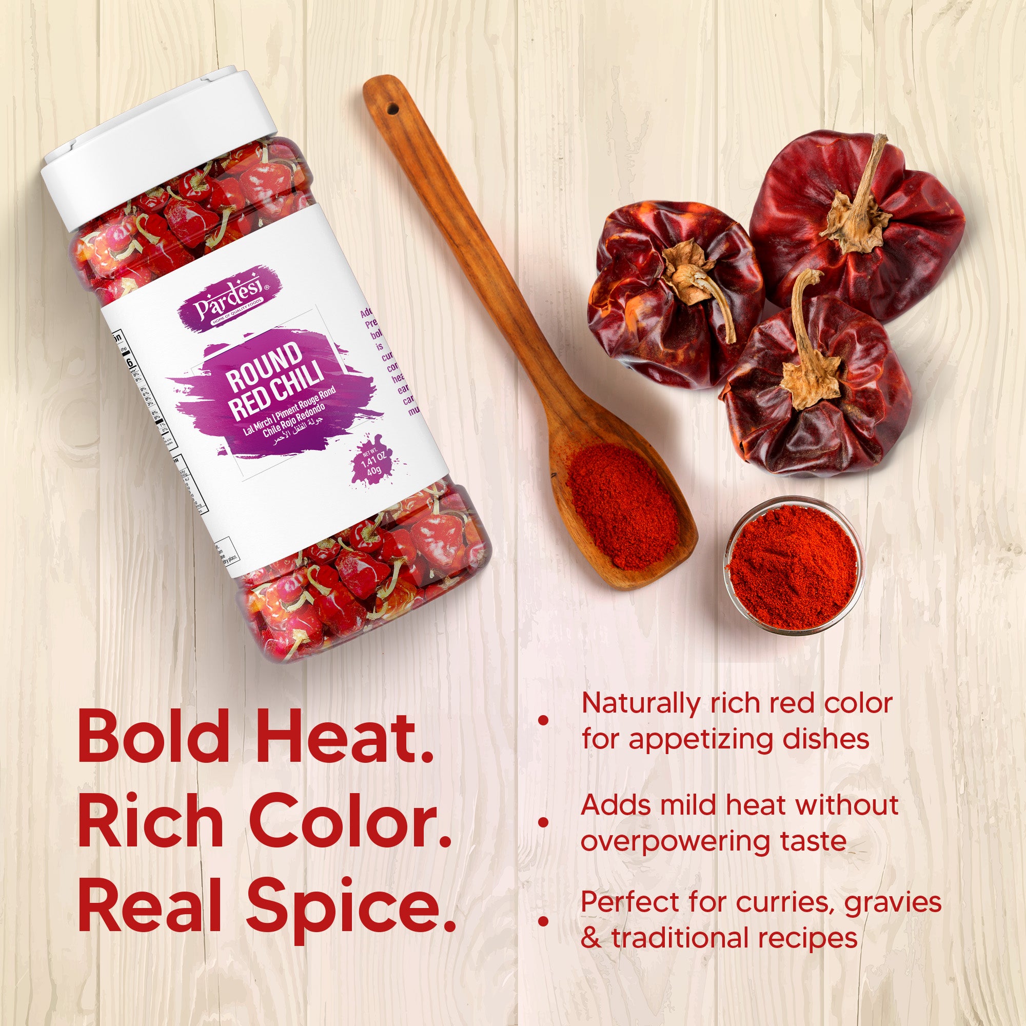 Pardesi Whole Round Chili 40g Jar – Dried Red Round Chilies for Cooking & Spice Blends
