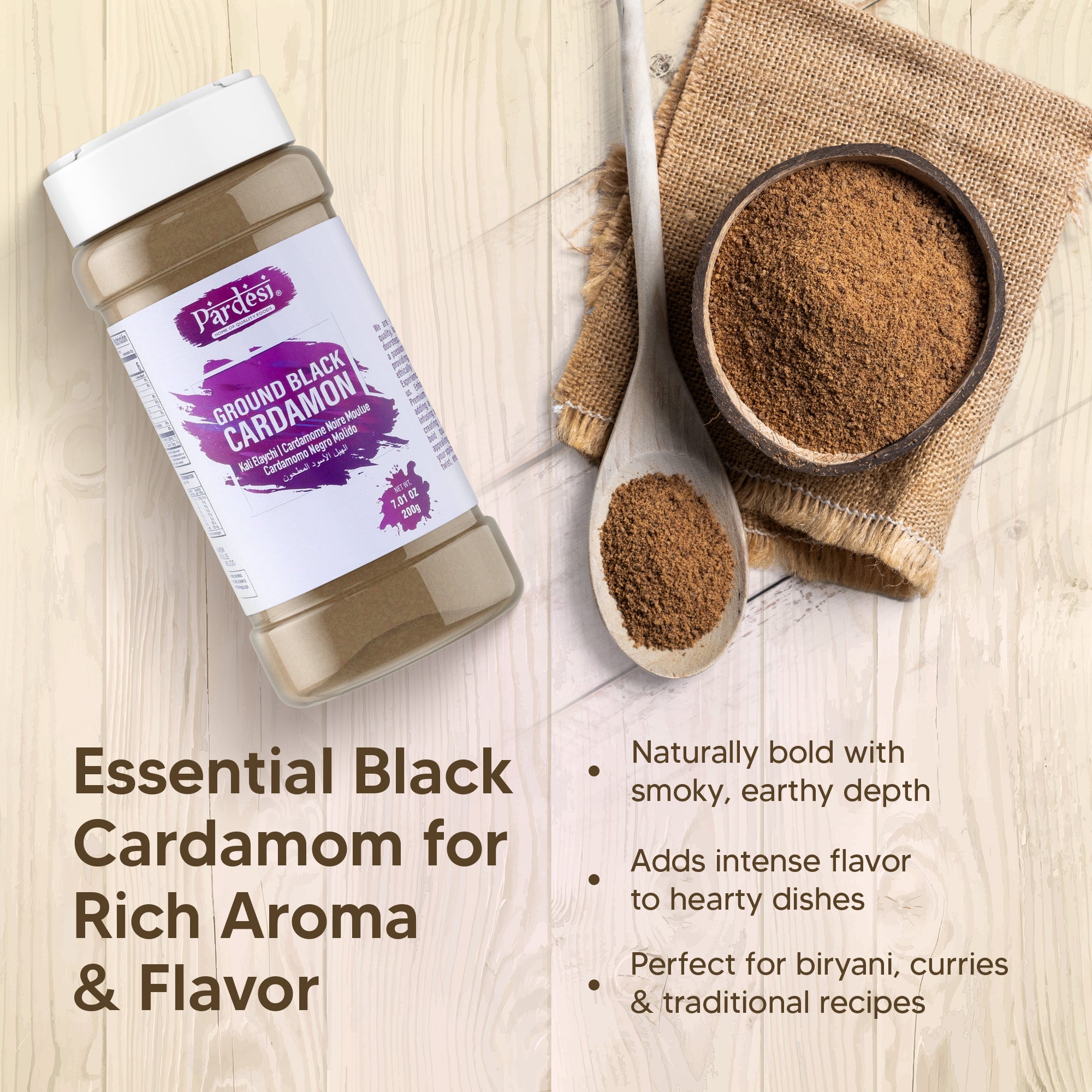 Pardesi Black Cardamom Powder (Badi Elaichi) 200g — Smoky Ground Black Cardamom for Biryani, Garam Masala & Curry | Halal, Non-GMO | Dual-Cap Jar