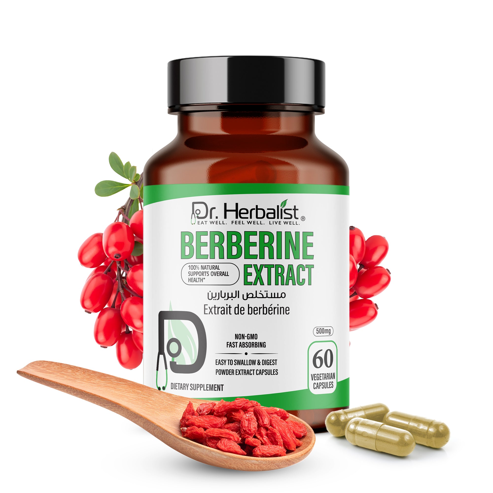 Dr. HERBALIST Berberine 500mg Capsules – Pure Berberine HCl Supplement | Supports Metabolic & Glucose Health | Herbal Formula | 60 Capsules