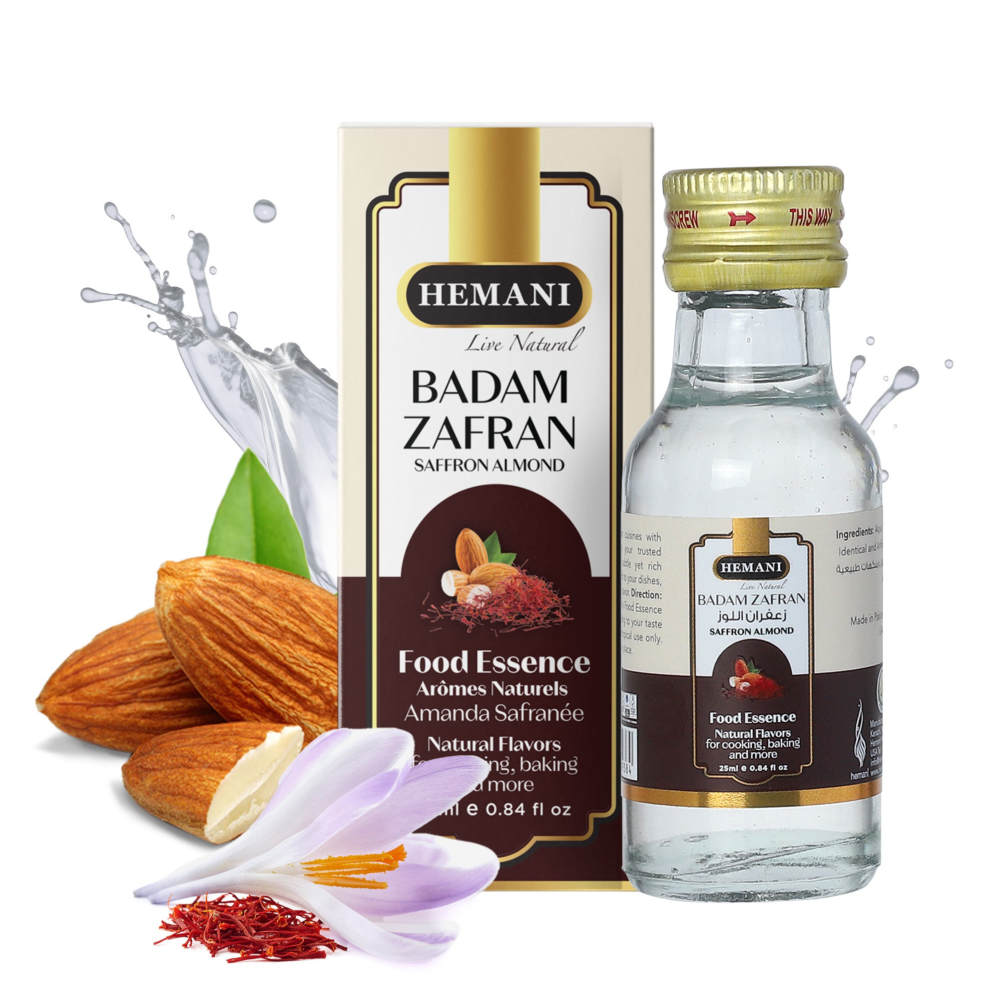 Hemani Badam Zafran Food Essence 25 ml Halal- Concentrated Almond Saffron Flavor for Indian Desserts, Recipes, and Traditional Sweets - Perfect for Kulfi, Barfi, Halwa, and More