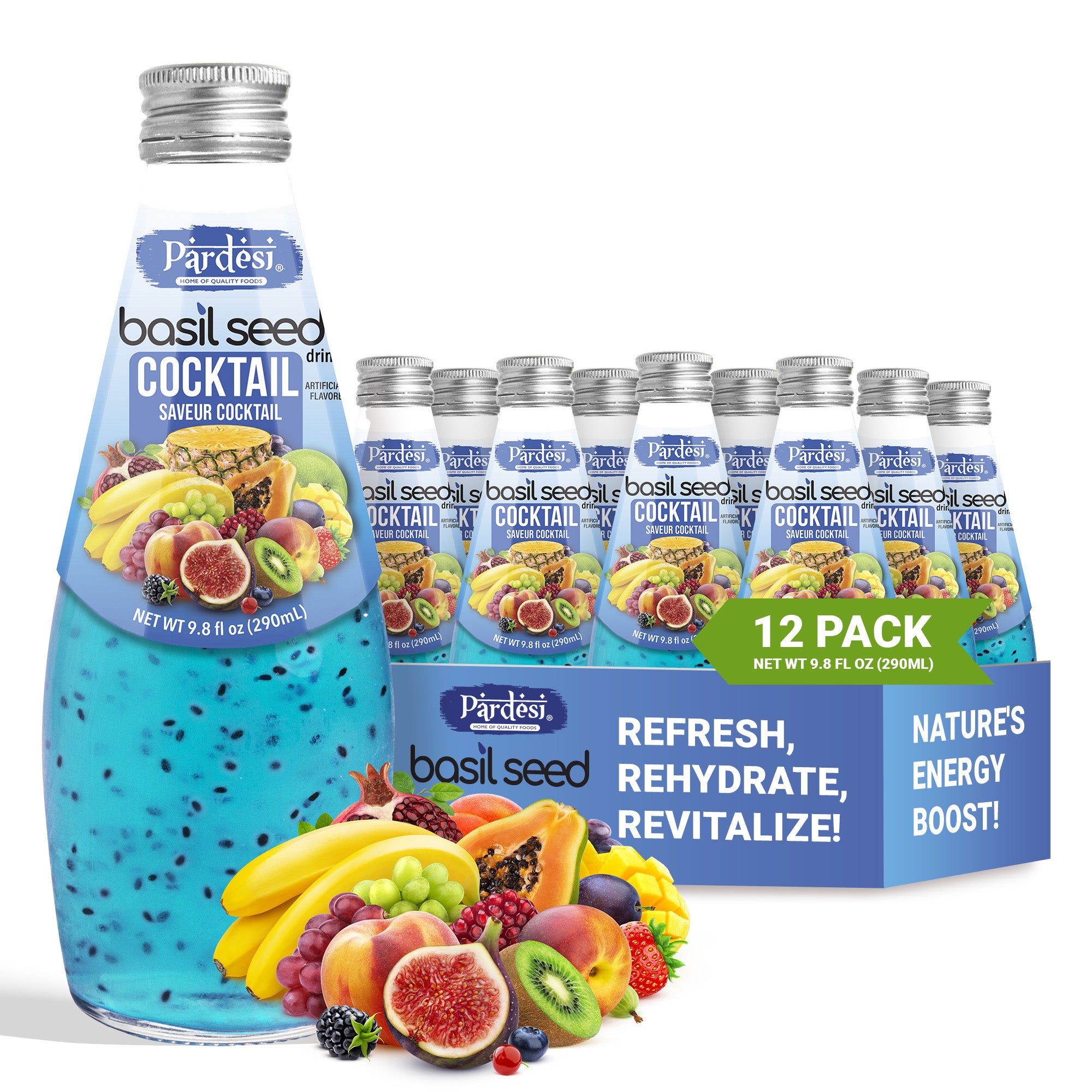 Pardesi Cocktail Flavor Basil Seed Drink 290mL — Refreshing Cocktail Flavor Beverage with Real Basil Seeds | Halal, Non-GMO, Vegan | Ready to Drink