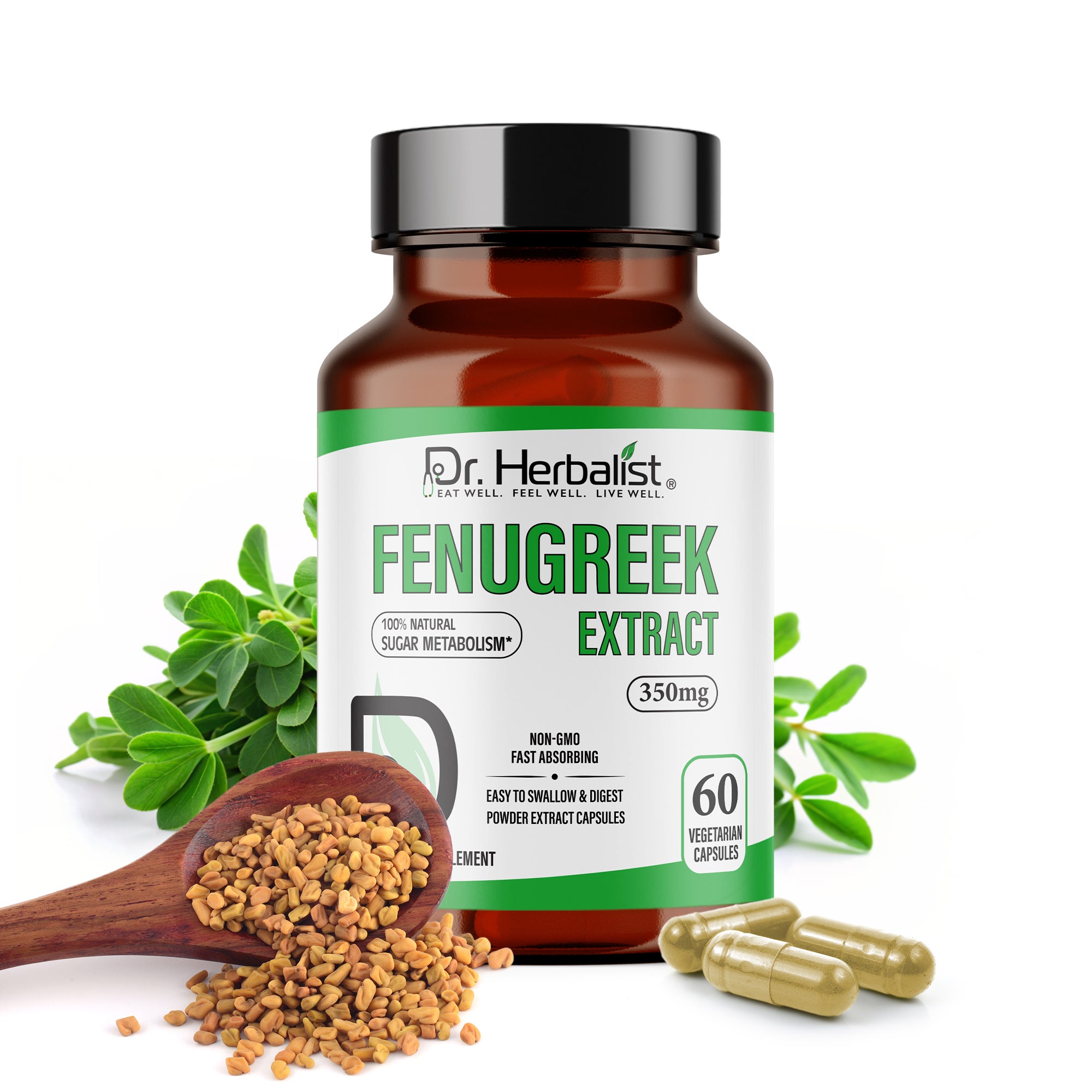 Dr. HERBALIST Fenugreek Extract Capsules 350mg - Trigonella Foenum-Graecum with Saponins & 4-Hydroxyisoleucine | Supports Digestive Comfort & Women's Wellness* | Halal, Vegan | 60ct