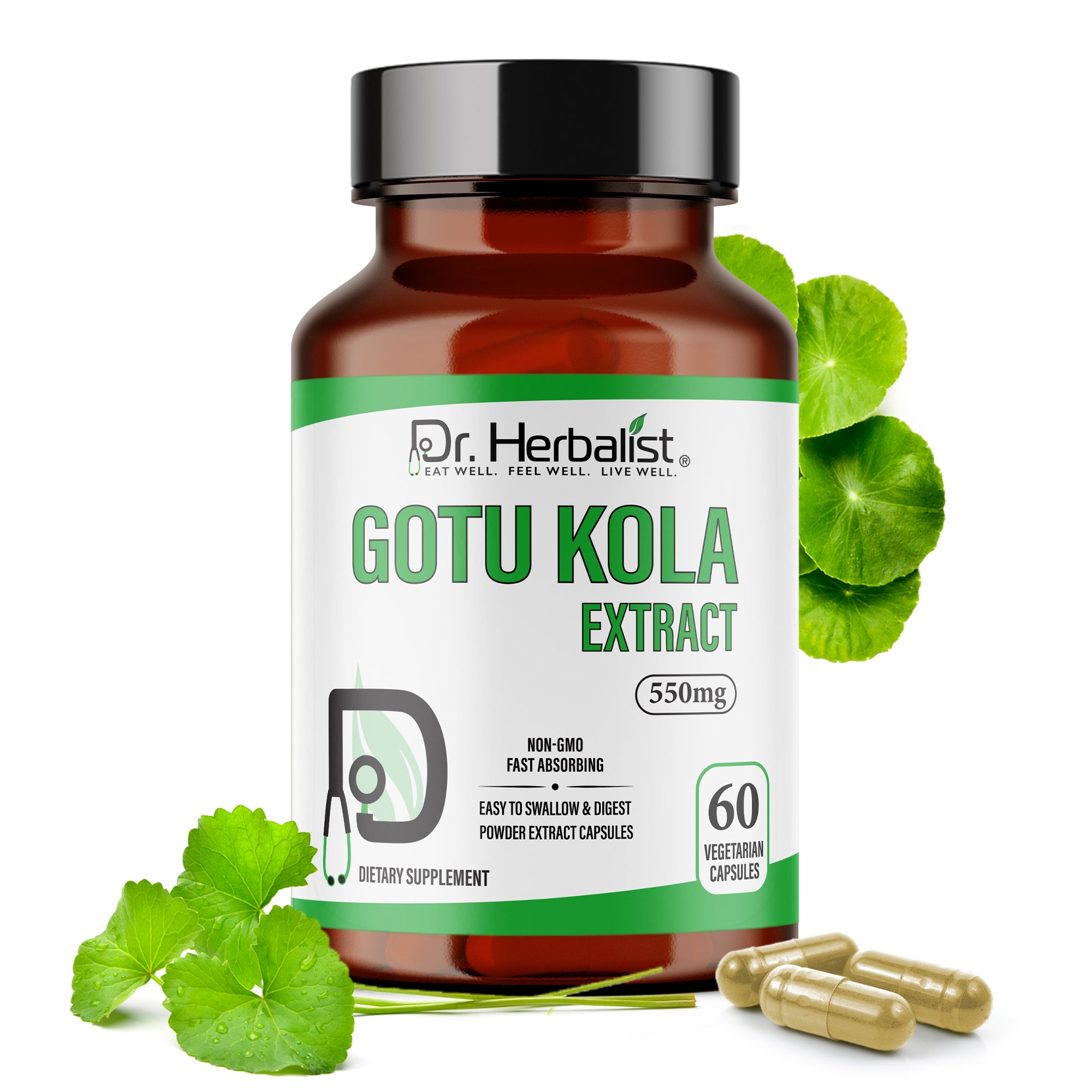 Dr. HERBALIST Gotu Kola Extract Capsules 550mg - Centella Asiatica with Asiaticoside & Triterpenoids | Supports Cognitive Function & Skin Wellness* | Halal, Vegan | 60ct