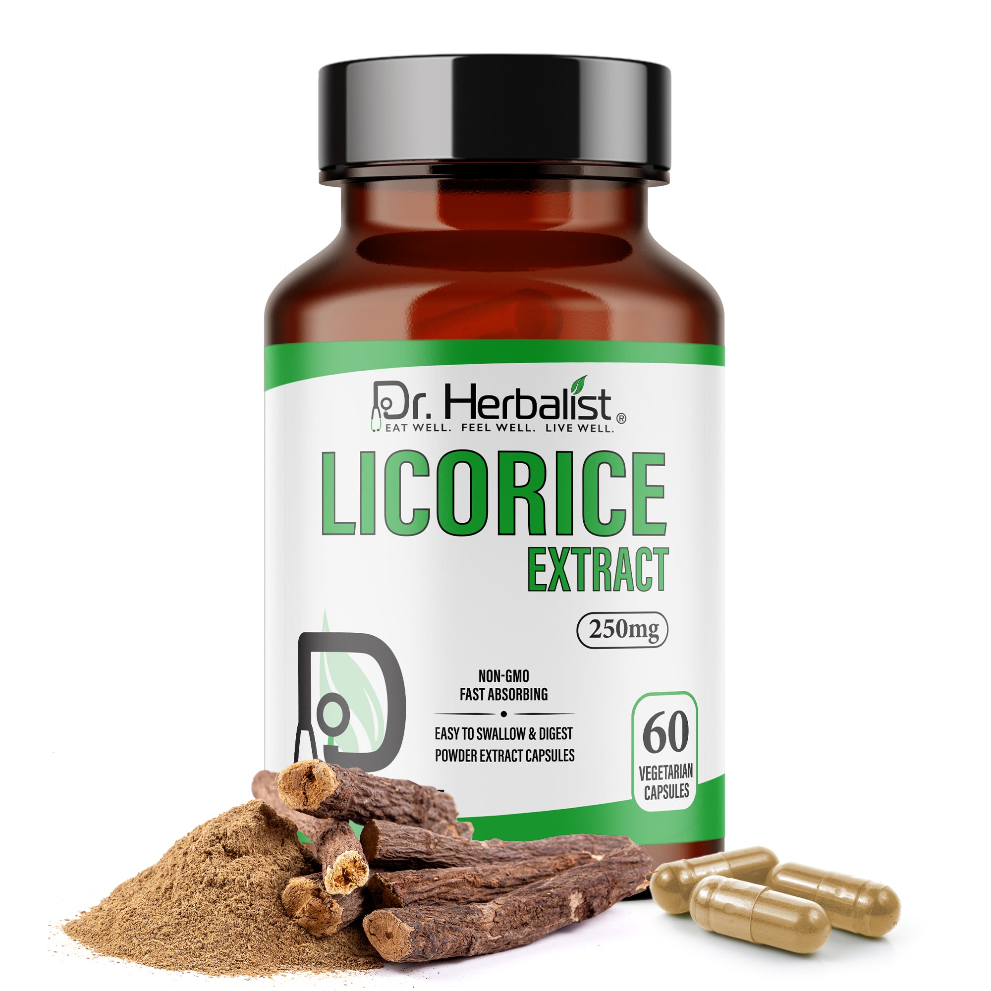 Dr. HERBALIST Licorice Extract Capsules 250mg - Glycyrrhiza Glabra with Glycyrrhizin | Supports Digestive Comfort & Respiratory Wellness* | Halal, Vegan | 60ct