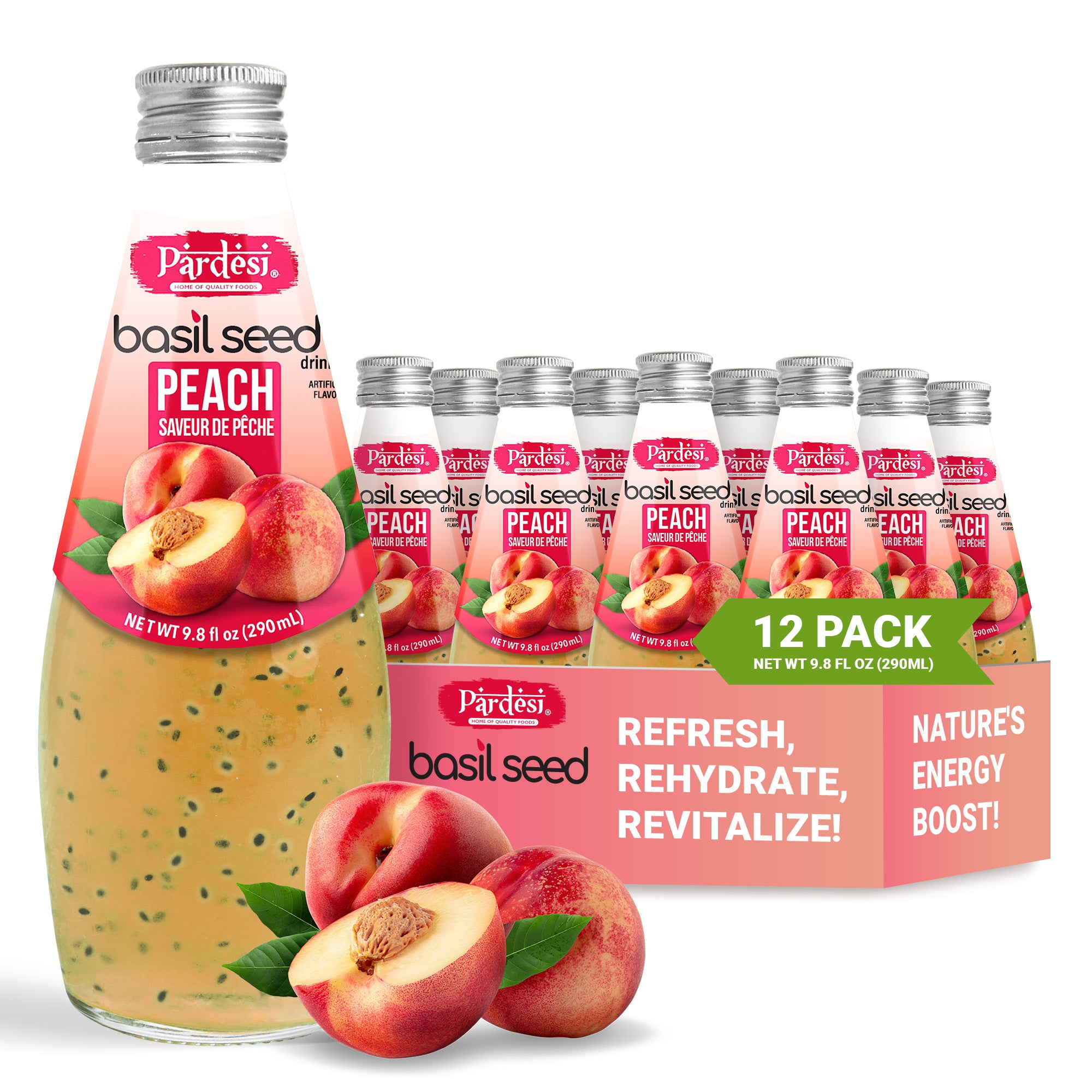 Pardesi Basil Seed Drink Peach Flavor  290ml 9.8 Fl Oz | Pack of 12 (117.6 FL Oz ) | Naturally Refreshing & Cooling | Rich in Antioxidants, Fiber & Omega-3 | Real Basil Seeds for Digestive Health & Hydration.