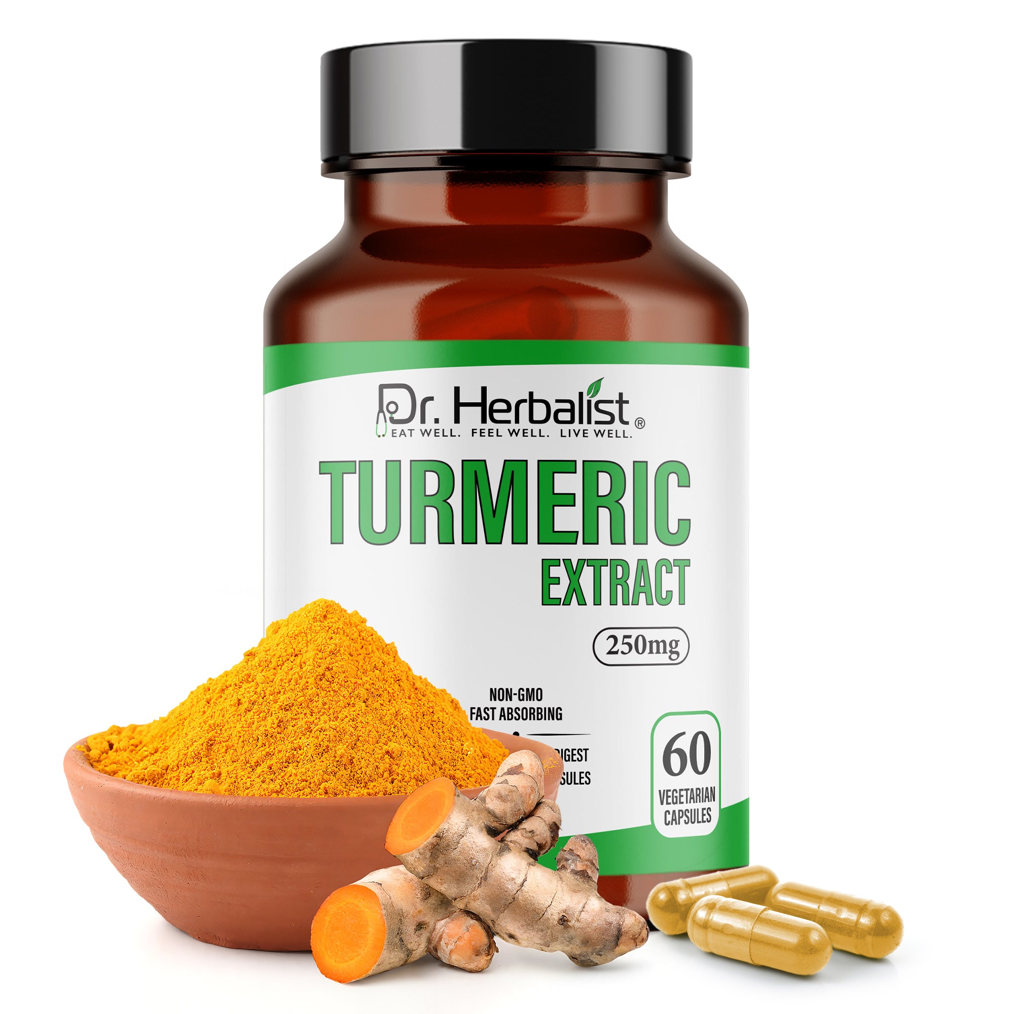 Dr. HERBALIST Turmeric Extract Capsules 250mg - Curcuma Longa Curcuminoid Concentrate | Supports Joint Comfort & Antioxidant Wellness* | Halal, Vegan | 60ct