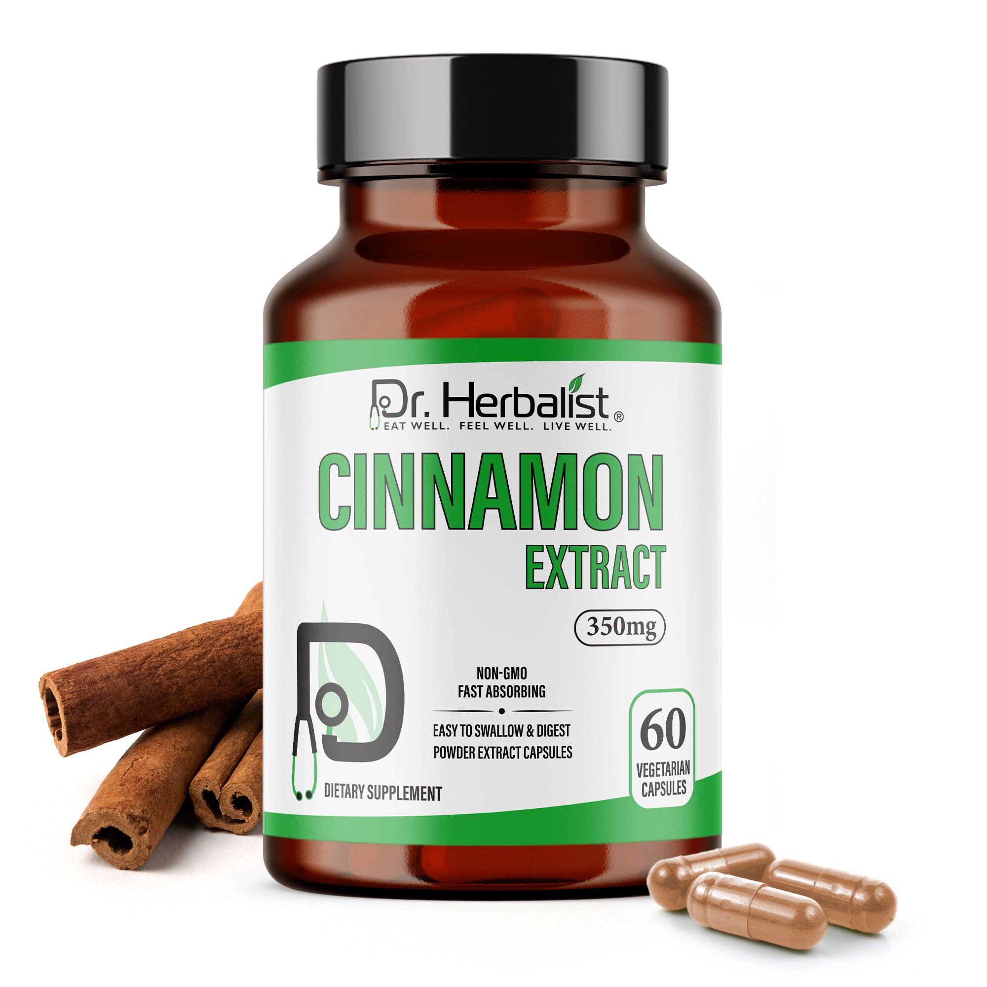 Dr. HERBALIST Cinnamon Extract Capsules 350mg - Cinnamomum Verum with Cinnamaldehyde & Polyphenols | Supports Metabolic Wellness & Daily Vitality* | Halal, Vegan | 60ct