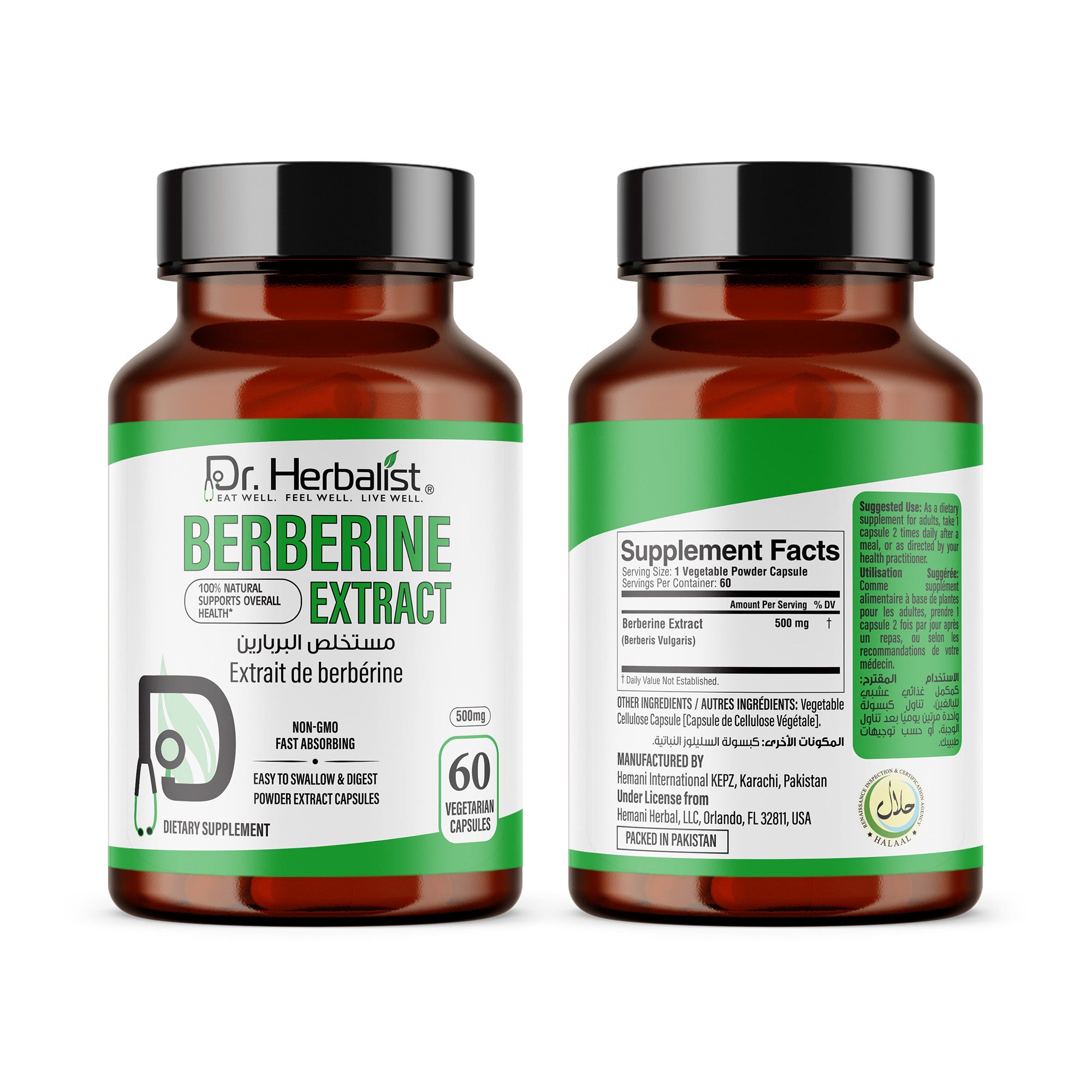 Dr. HERBALIST Berberine 500mg Capsules – Pure Berberine HCl Supplement | Supports Metabolic & Glucose Health | Herbal Formula | 60 Capsules