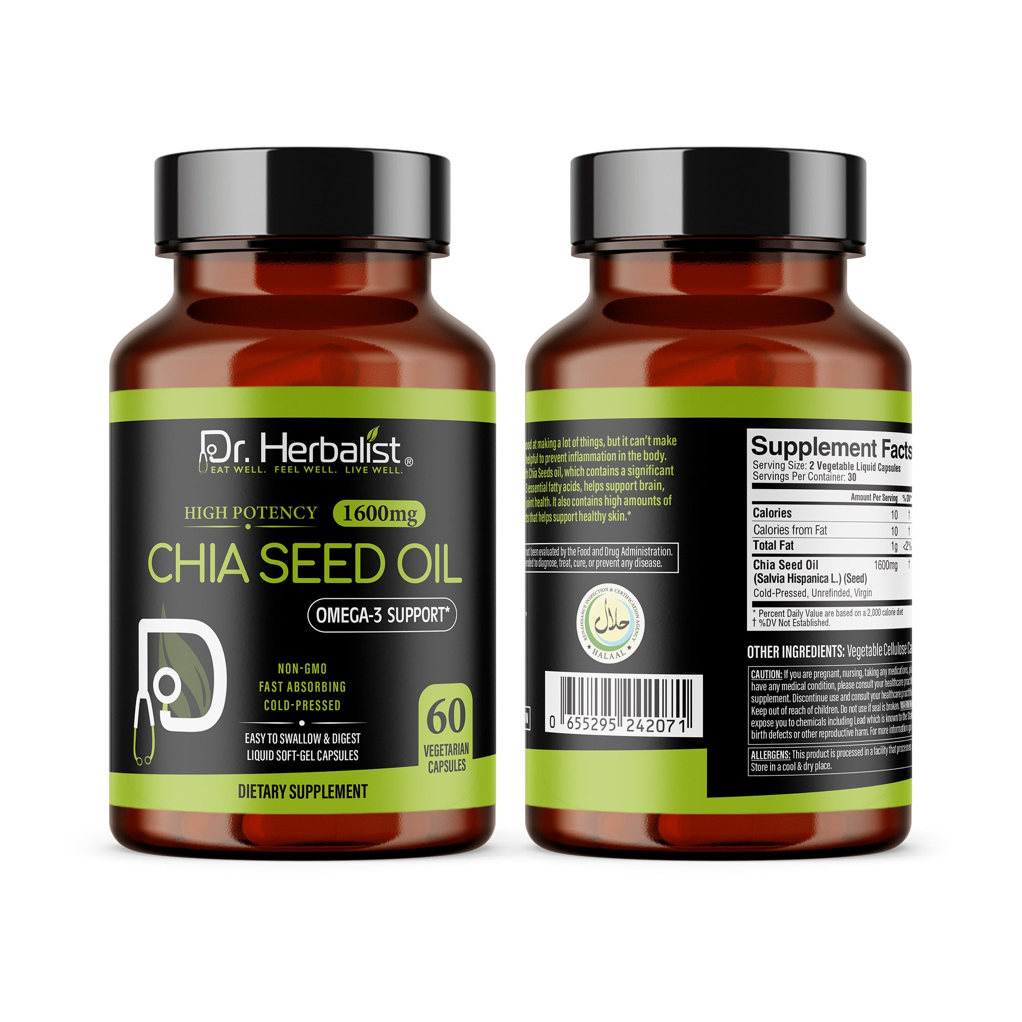 Dr Herbalist Chia Seed Oil 60 Capsules | Cold Pressed | Rich in Omega-3, Fiber & Antioxidants | Heart, Skin, Hair & Joint Health Supplement | Plant-Based Wellness