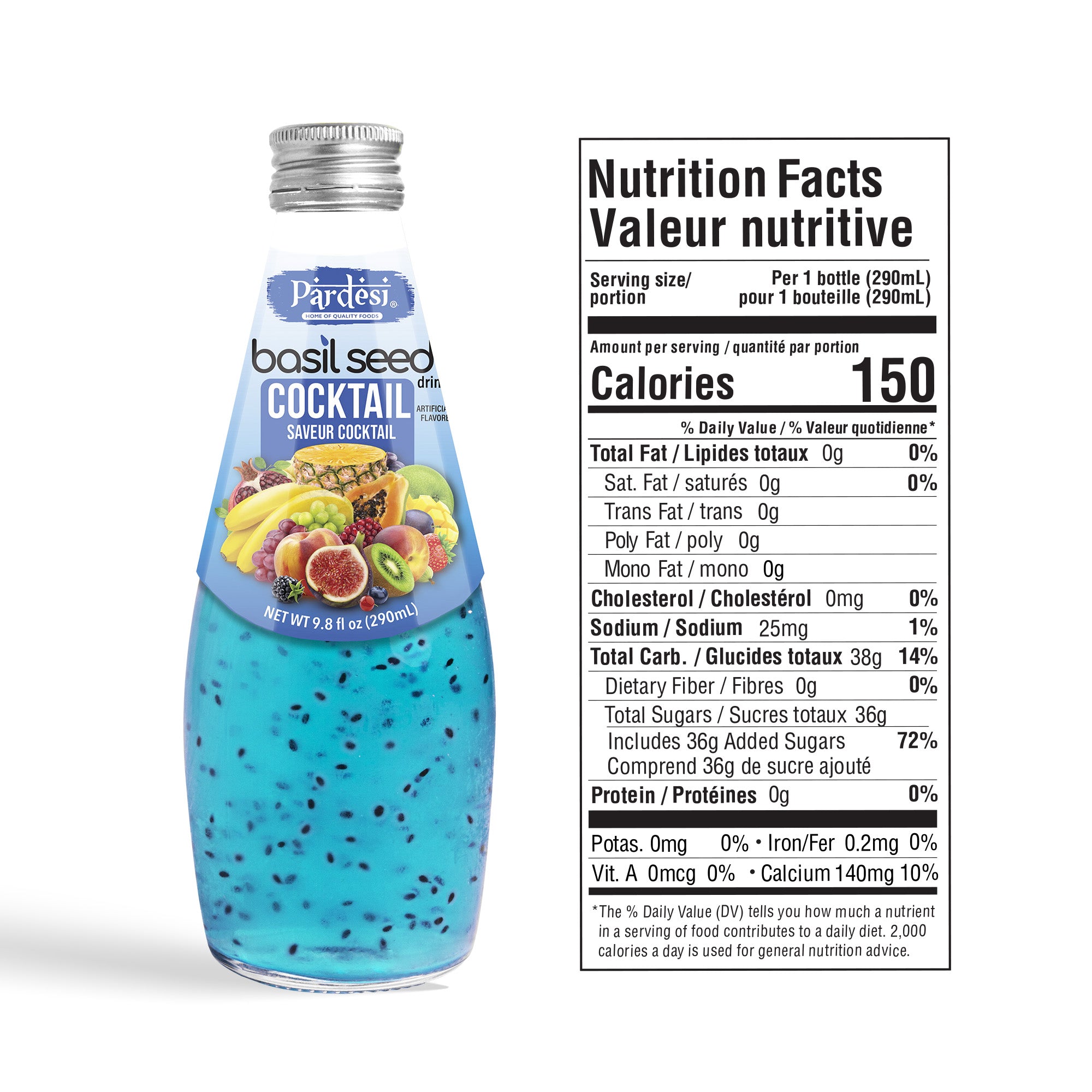 Pardesi Cocktail Flavor Basil Seed Drink 290mL — Refreshing Cocktail Flavor Beverage with Real Basil Seeds | Halal, Non-GMO, Vegan | Ready to Drink