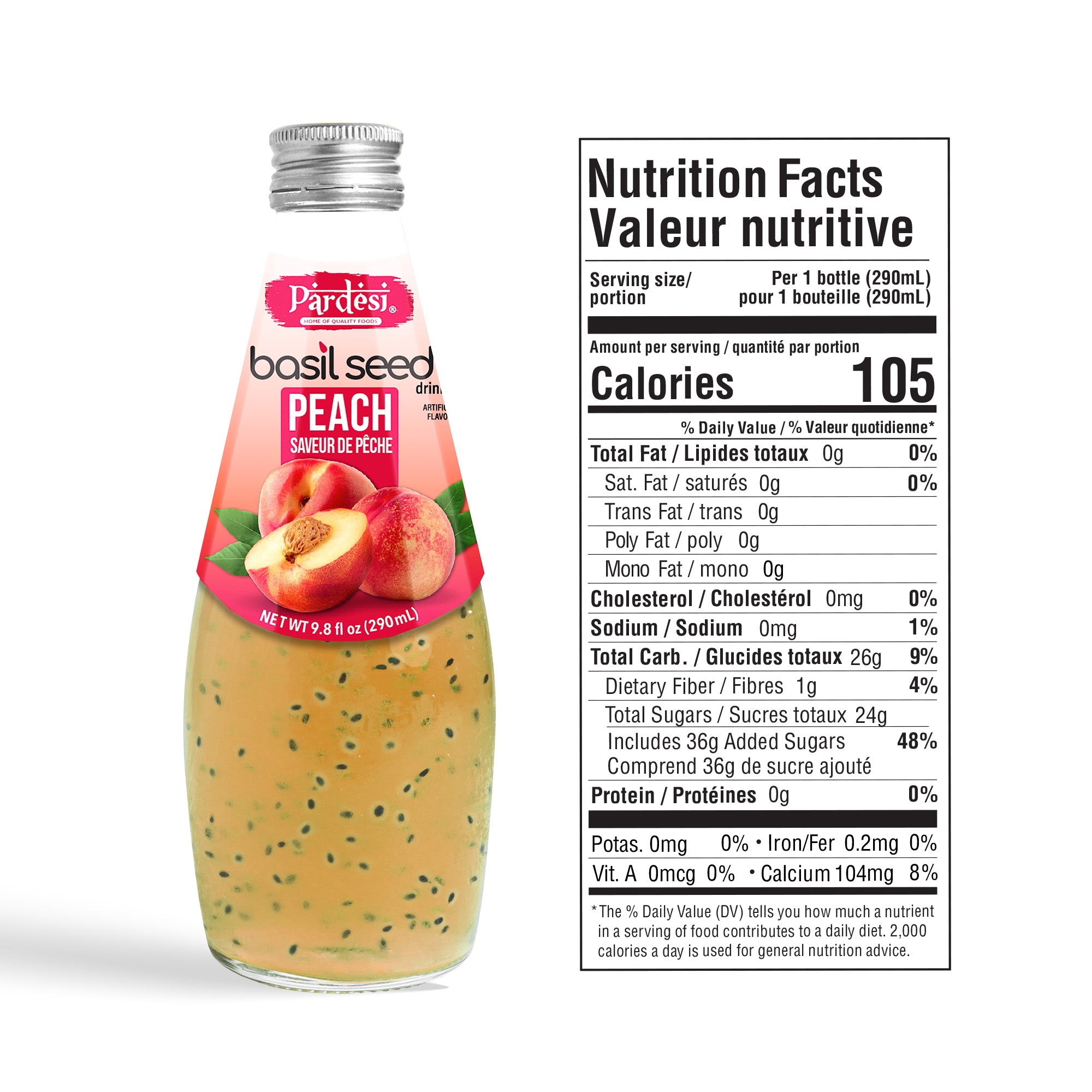 Pardesi Basil Seed Drink Peach Flavor  290ml 9.8 Fl Oz | Pack of 12 (117.6 FL Oz ) | Naturally Refreshing & Cooling | Rich in Antioxidants, Fiber & Omega-3 | Real Basil Seeds for Digestive Health & Hydration.