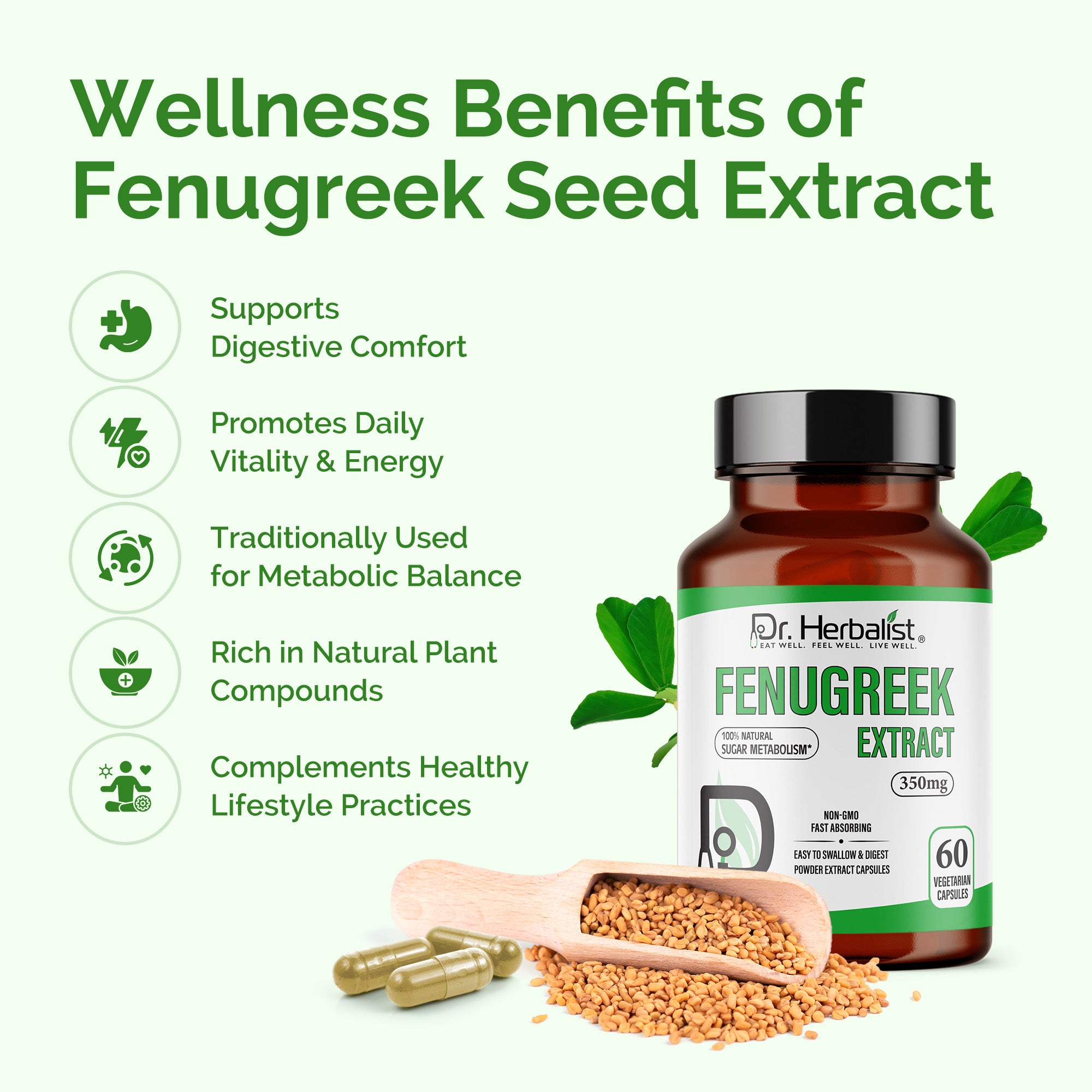 Dr. HERBALIST Fenugreek Extract Capsules 350mg - Trigonella Foenum-Graecum with Saponins & 4-Hydroxyisoleucine | Supports Digestive Comfort & Women's Wellness* | Halal, Vegan | 60ct