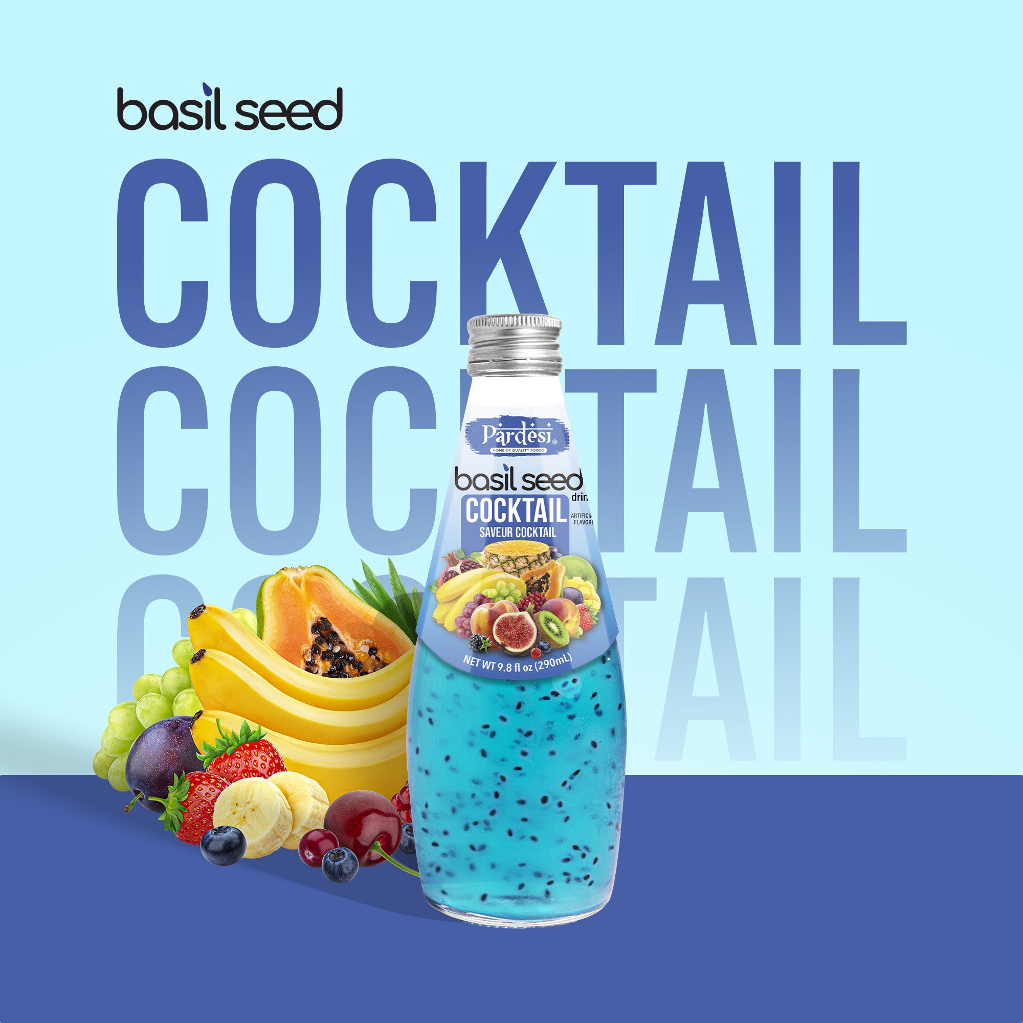 Pardesi Cocktail Flavor Basil Seed Drink 290mL — Refreshing Cocktail Flavor Beverage with Real Basil Seeds | Halal, Non-GMO, Vegan | Ready to Drink