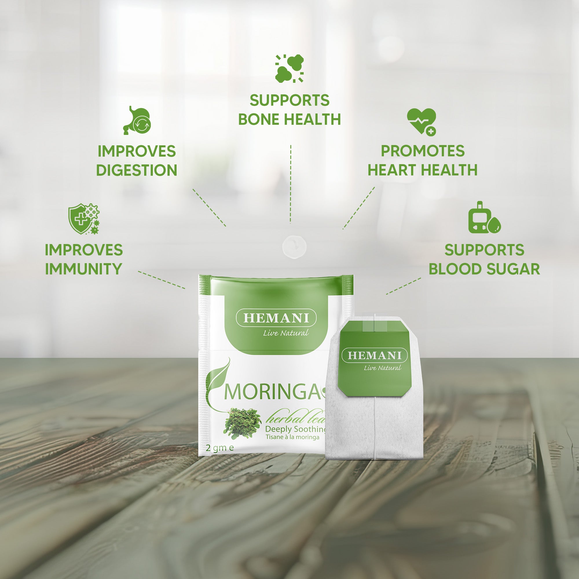 Hemani Moringa Leaf Tea - 20 Tea Bags, Halal Certified | 100% Natural Herbal Tea for Energy, Vitality & Wellness Support | Rich in Antioxidants & Nutrients | Caffeine-Free, Vegan-Friendly