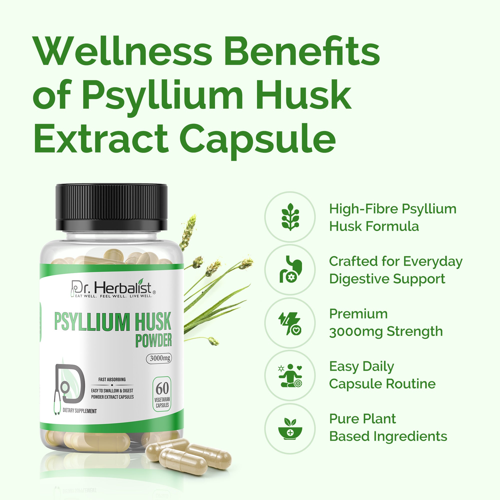 Dr. HERBALIST Psyllium Husk Extract Capsules - Plantago Ovata Soluble Fiber | Supports Digestive Regularity & Gut Wellness* | No Grit, No Mixing | Halal, Vegan | 60ct