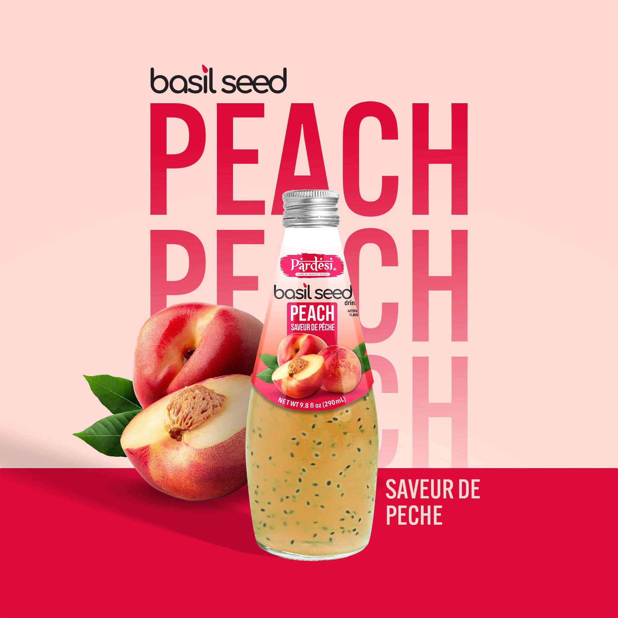 Pardesi Basil Seed Drink Peach Flavor  290ml 9.8 Fl Oz | Pack of 12 (117.6 FL Oz ) | Naturally Refreshing & Cooling | Rich in Antioxidants, Fiber & Omega-3 | Real Basil Seeds for Digestive Health & Hydration.