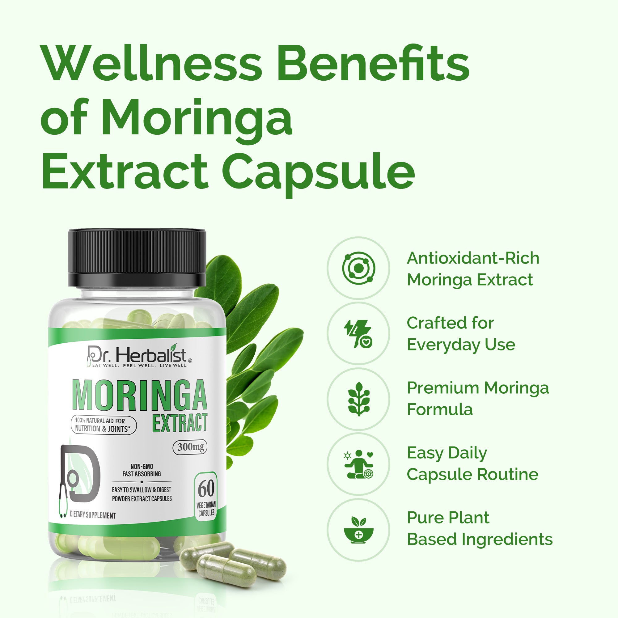 Dr. HERBALIST Moringa Extract Capsules 300mg - Moringa Oleifera Leaf Extract | Supports Daily Nutrition Antioxidant Wellness & Energy* | Halal, Vegan | 60ct