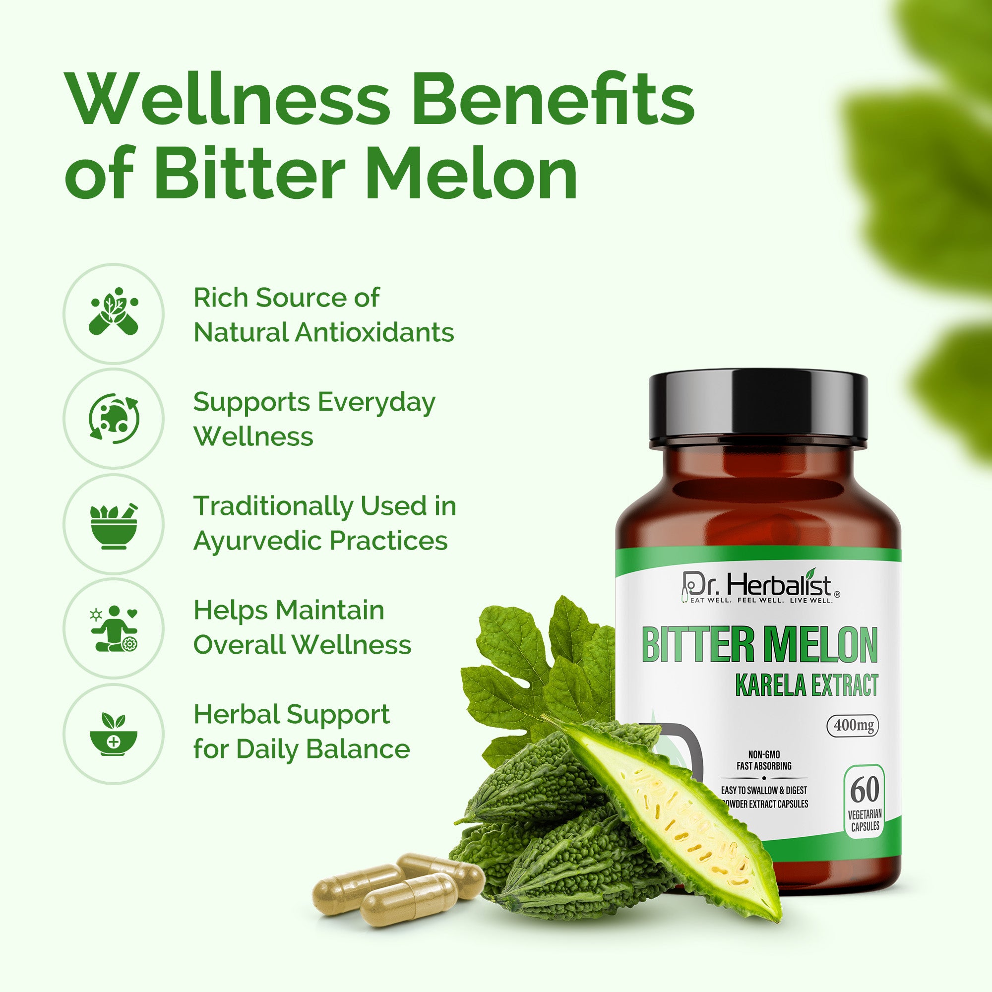 Dr. HERBALIST Bitter Melon Extract Capsules - 400mg, 60 Count | Boosts Immunity, Energy & Vitality | Supports Digestion & Blood Sugar Levels. (Equivalent to 4000mg Bitter Melon Powder)