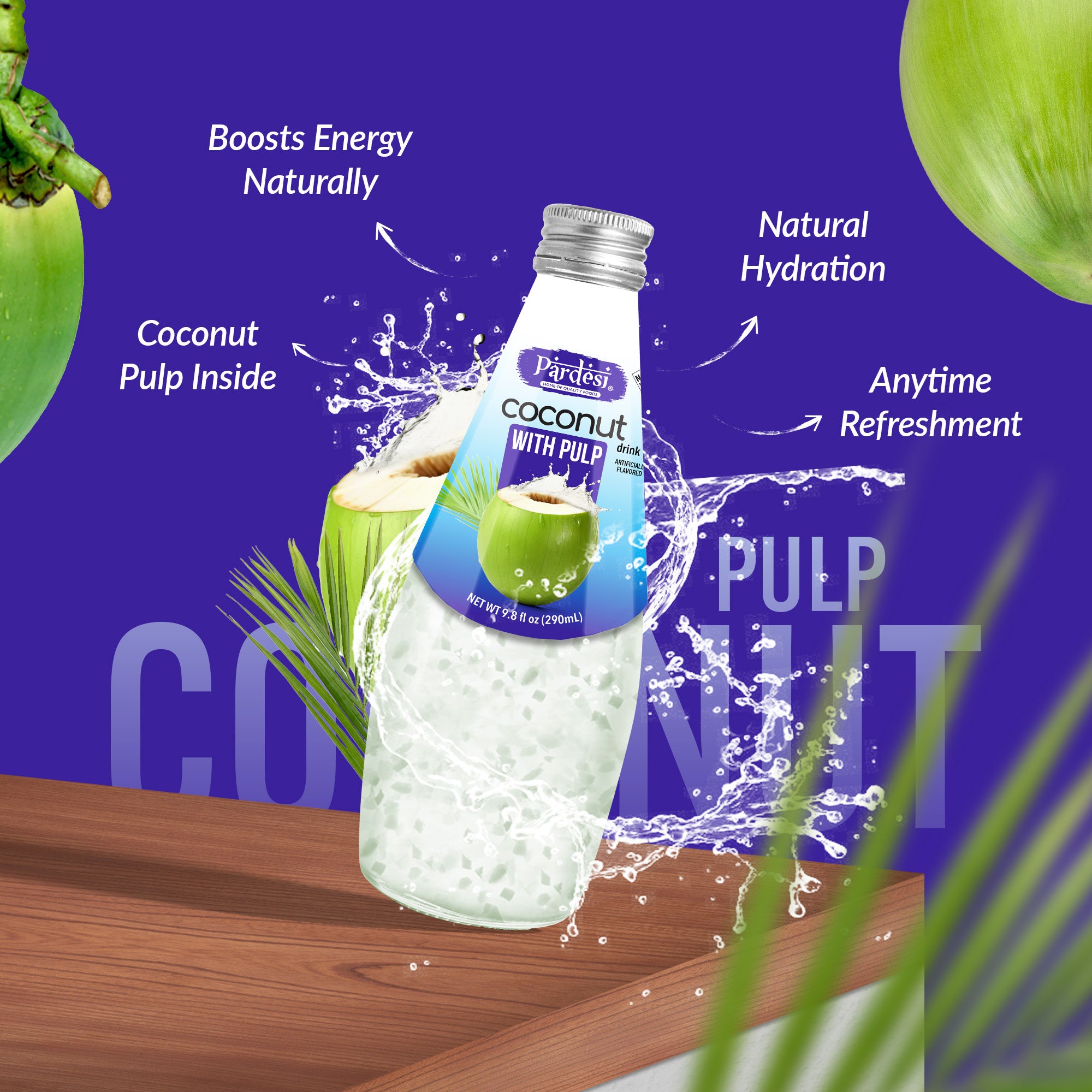 Pardesi Coconut with Pulp Basil Seed Drink 290mL - Refreshing Coconut with Pulp Beverage with Real Basil Seeds | Halal, Non-GMO, Vegan | Ready to Drink