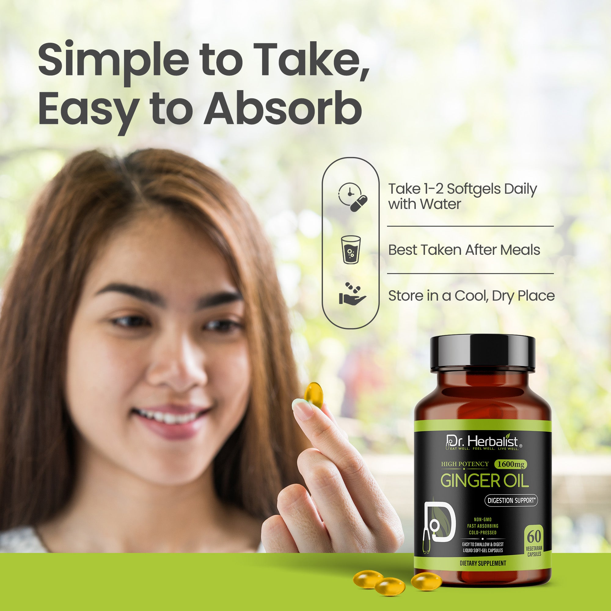 Dr. Herbalist Ginger Oil 1600mg Softgel Capsules – Natural Herbal Supplement for Daily Wellness, Energy & Balance – 60 Easy-to-Swallow Capsules