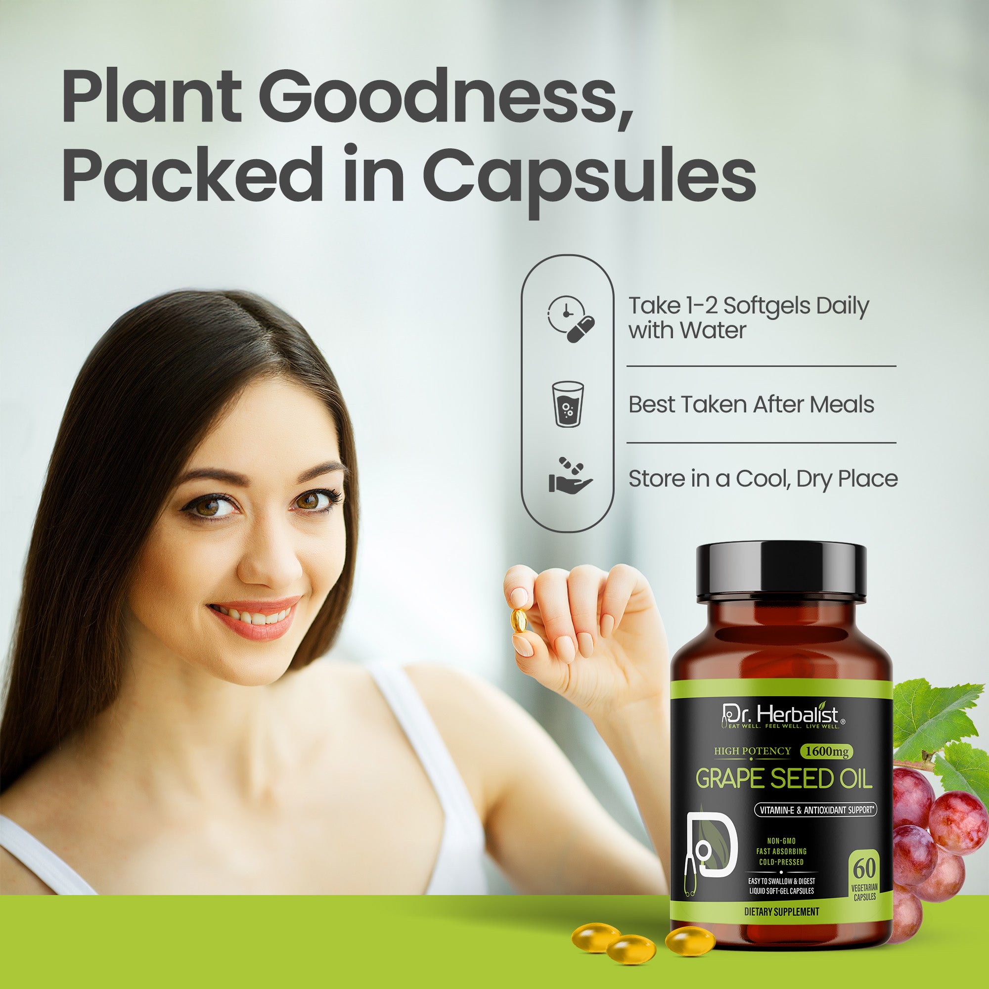 Dr Herbalist Grape Seed Oil 60 Capsules | Cold Pressed Extract | Rich in Antioxidants, Vitamin E & Omega-6 | Supports Heart, Skin, Hair & Immune Health | Herbal Supplement