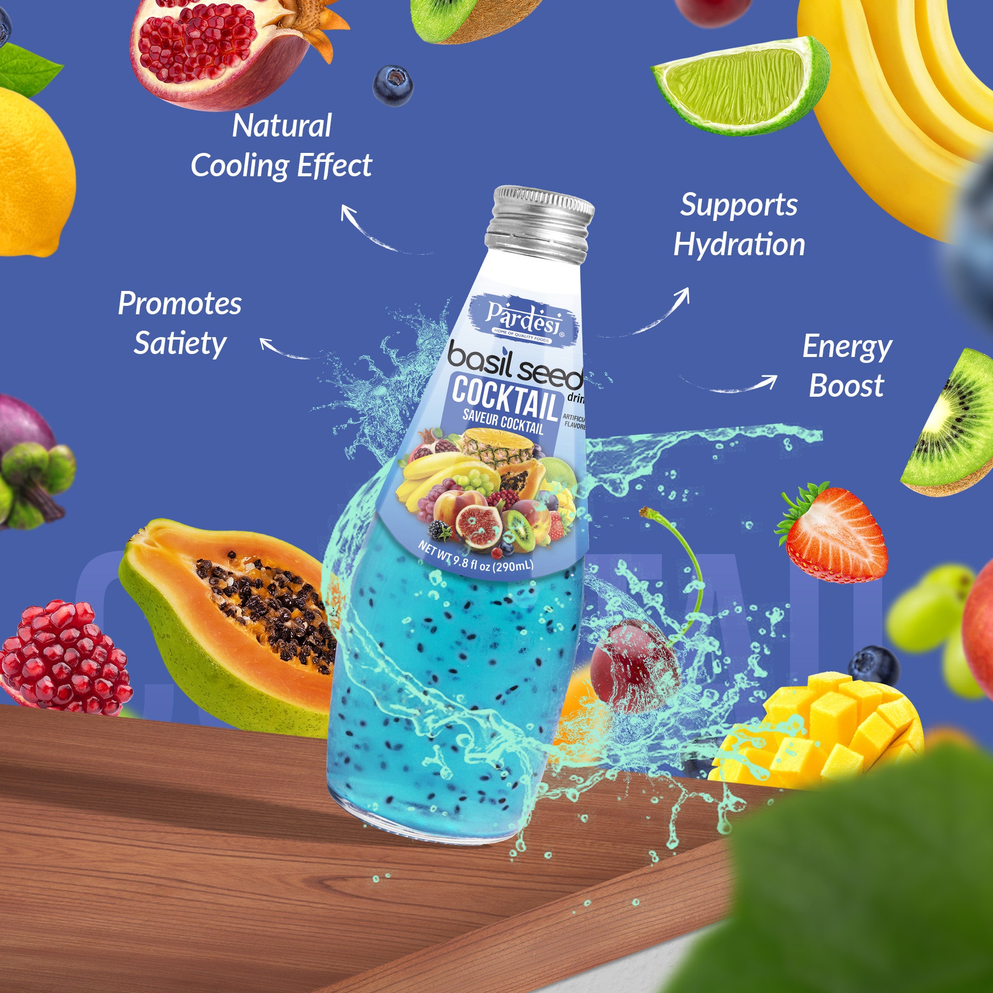 Pardesi Cocktail Flavor Basil Seed Drink 290mL — Refreshing Cocktail Flavor Beverage with Real Basil Seeds | Halal, Non-GMO, Vegan | Ready to Drink