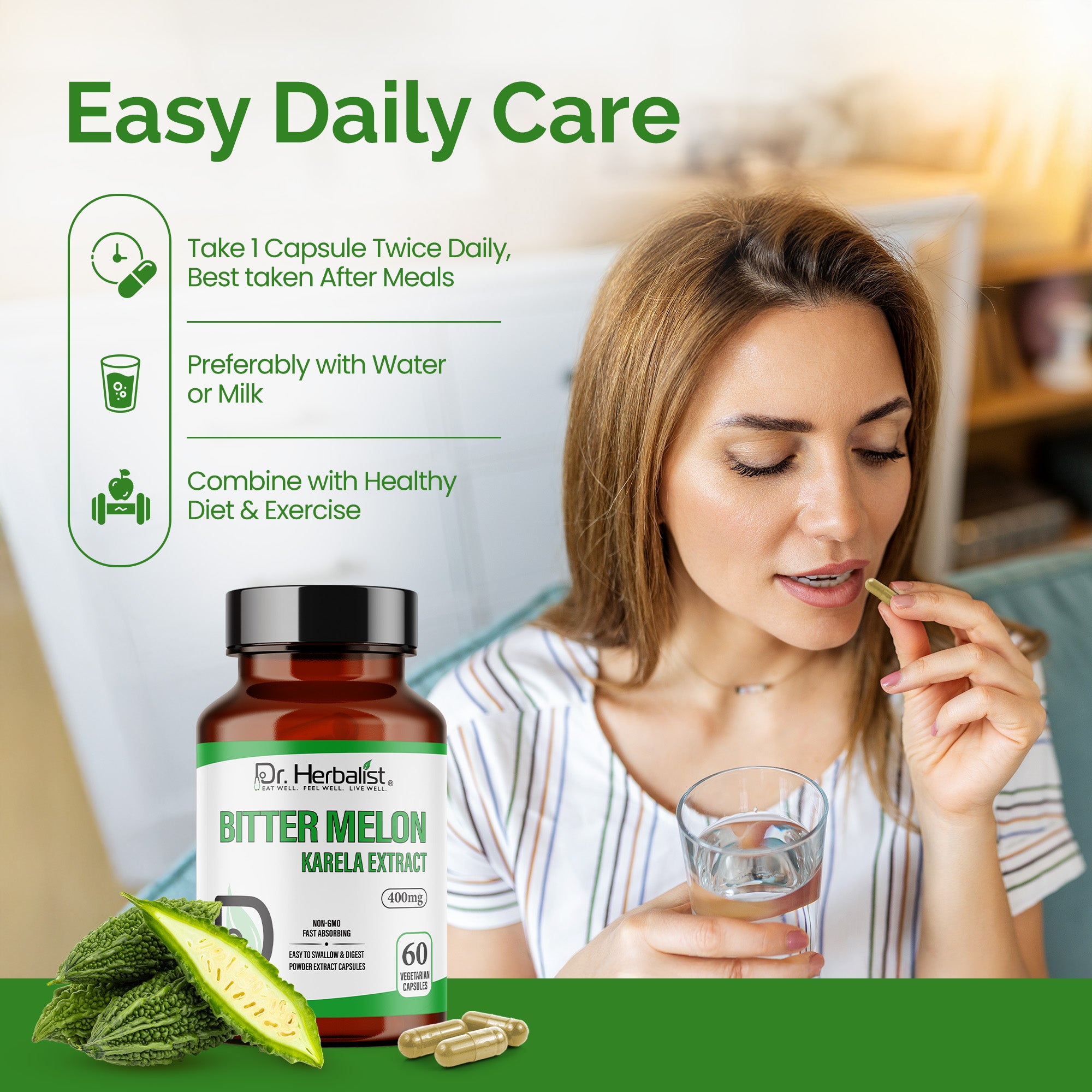 Dr. HERBALIST Bitter Melon Extract Capsules - 400mg, 60 Count | Boosts Immunity, Energy & Vitality | Supports Digestion & Blood Sugar Levels. (Equivalent to 4000mg Bitter Melon Powder)